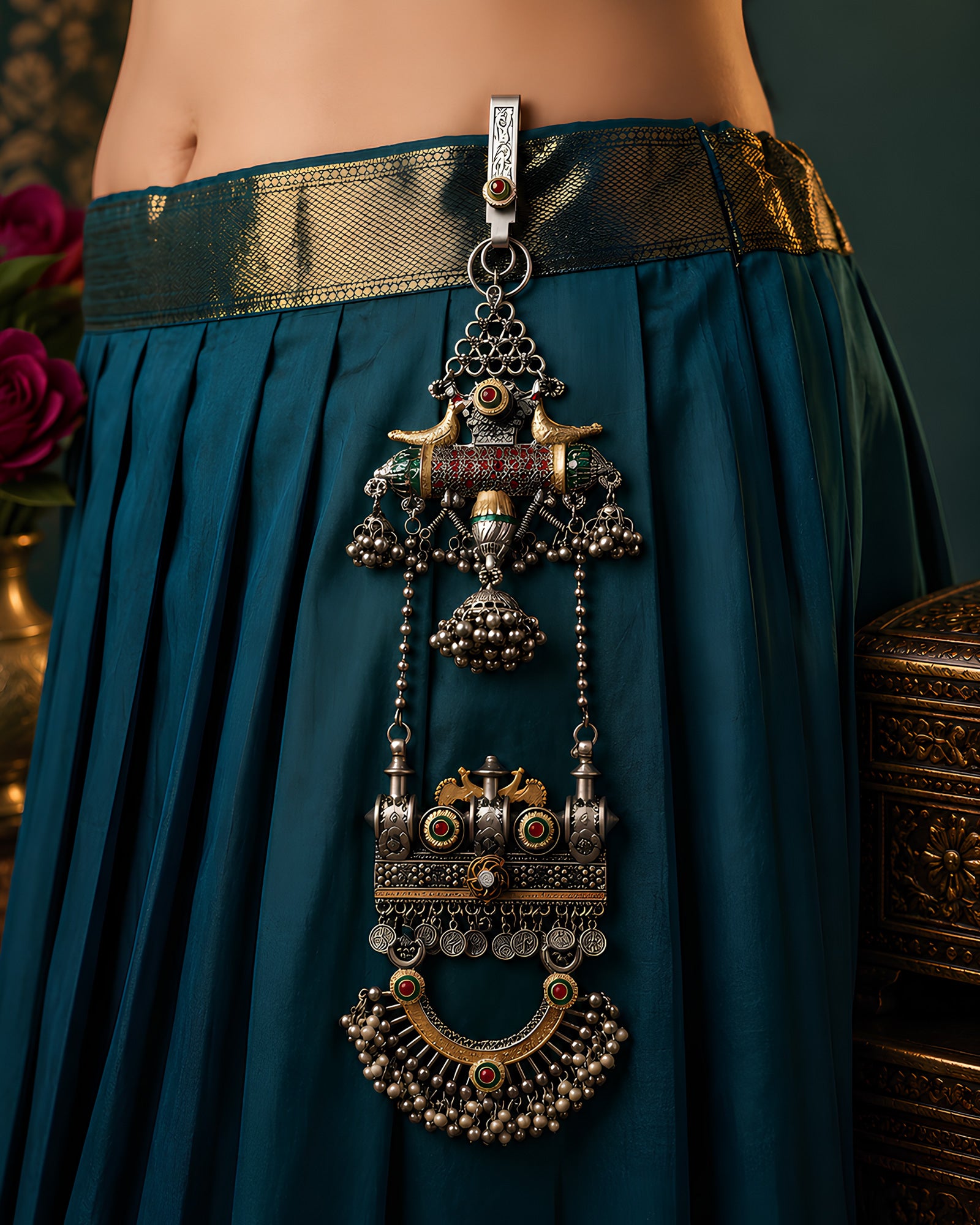 Dual-Tone Peacock Motif & Multi-Tiered Ghungroo Oxidized Juda Pin