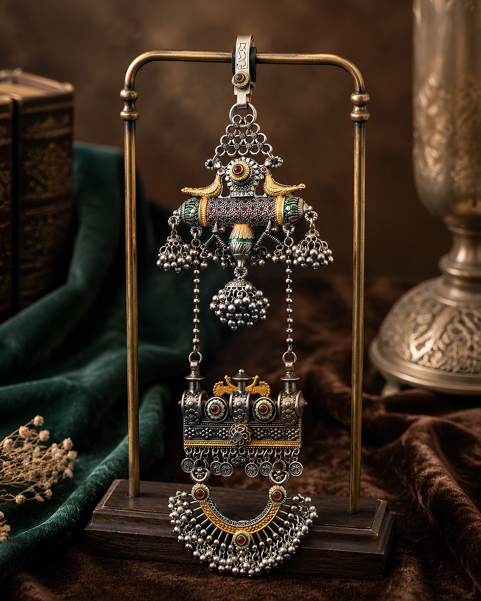 Dual-Tone Peacock Motif & Multi-Tiered Ghungroo Oxidized Juda Pin