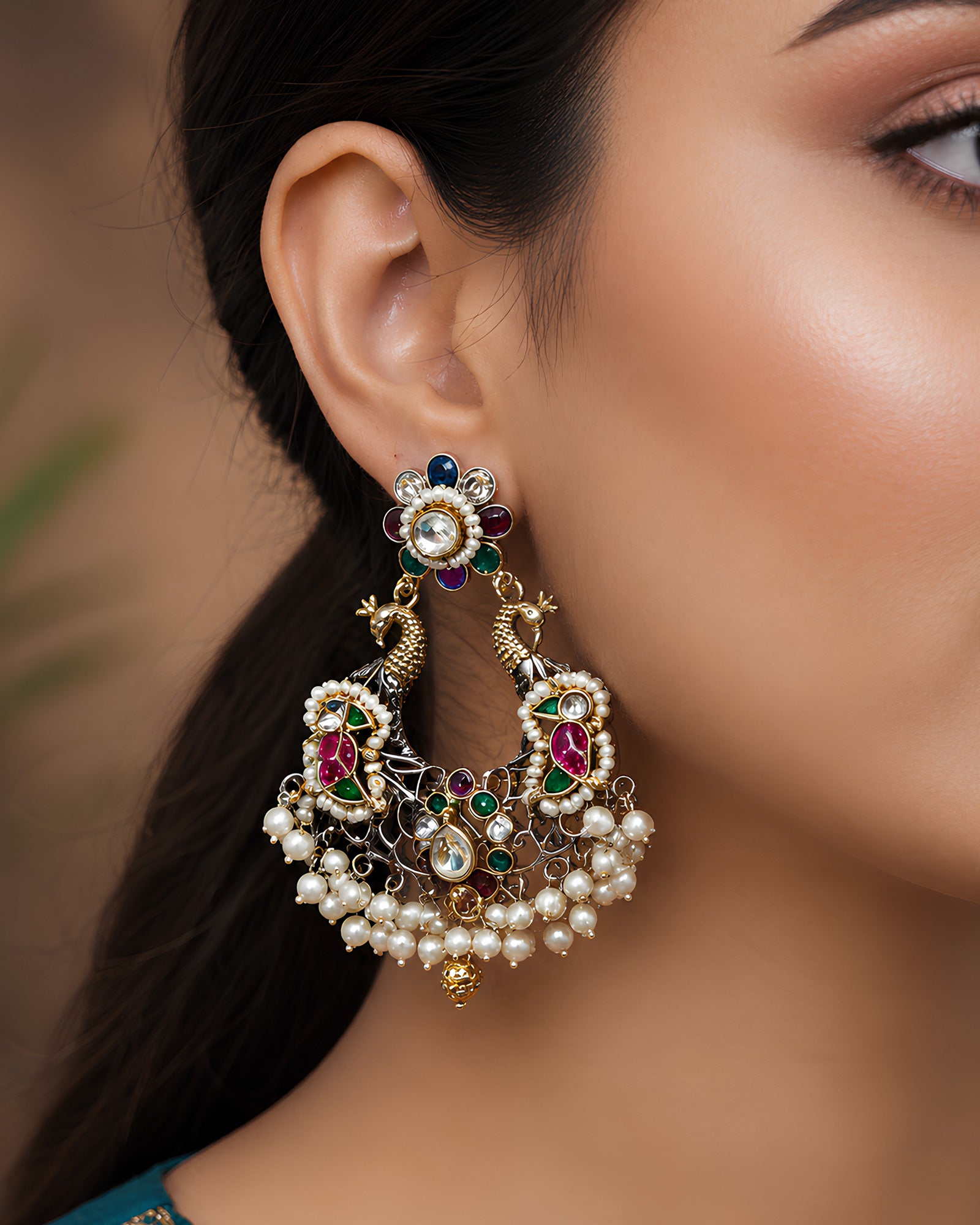 Dual-Tone Peacock Motif & Pearl Drop Earrings
