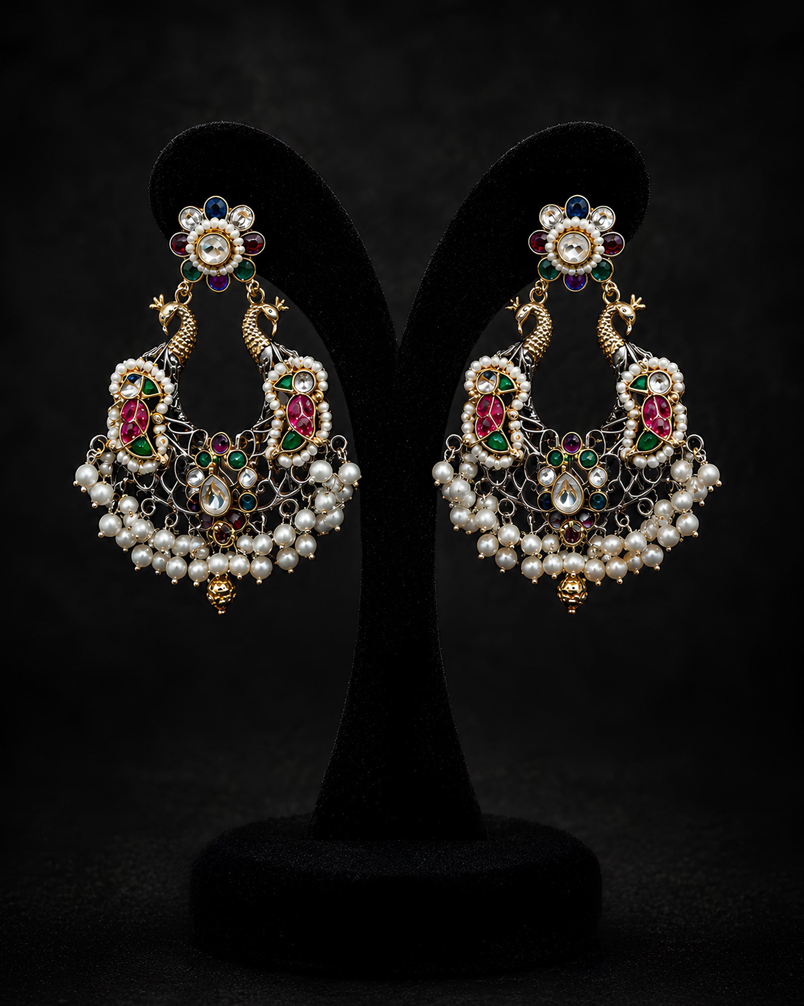 Dual-Tone Peacock Motif & Pearl Drop Earrings