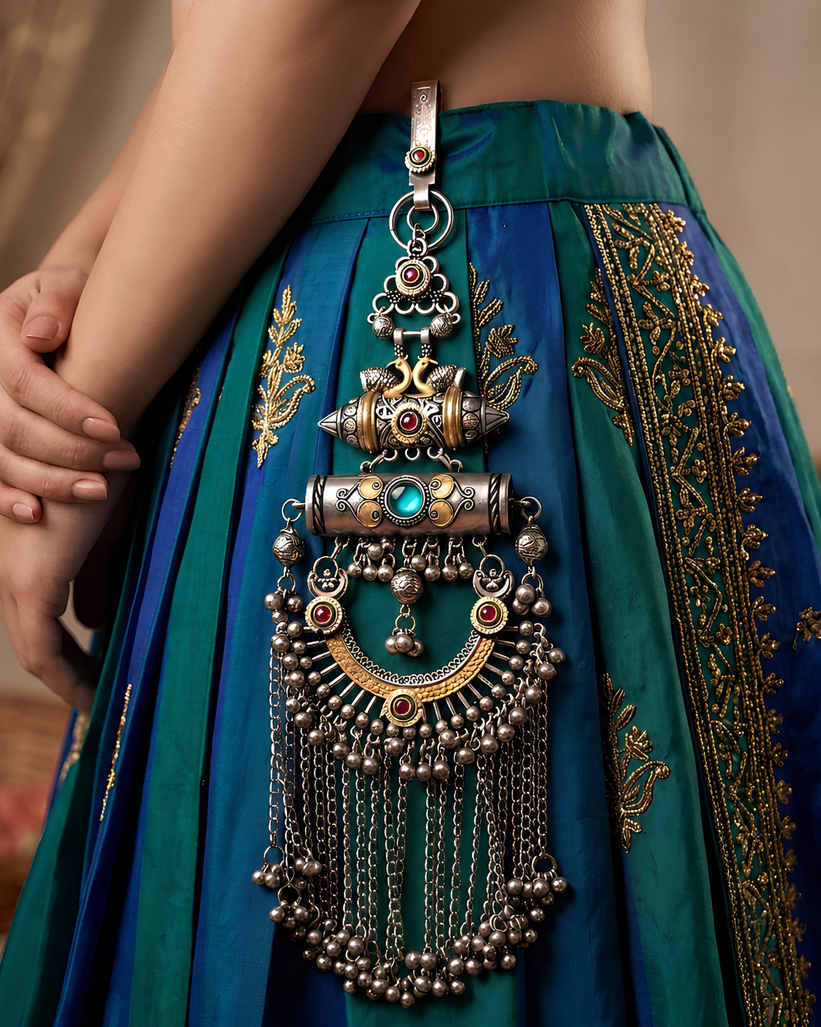 Dual-Tone Peacock Motif & Turquoise Accent Cascading Ghungroo Juda Pin
