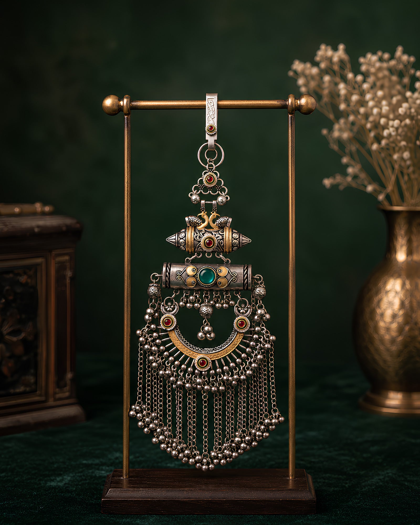 Dual-Tone Peacock Motif & Turquoise Accent Cascading Ghungroo Juda Pin