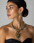 Dual-Tone Peacock Motif Green Stone & Pearl Droplet Hasli Necklace