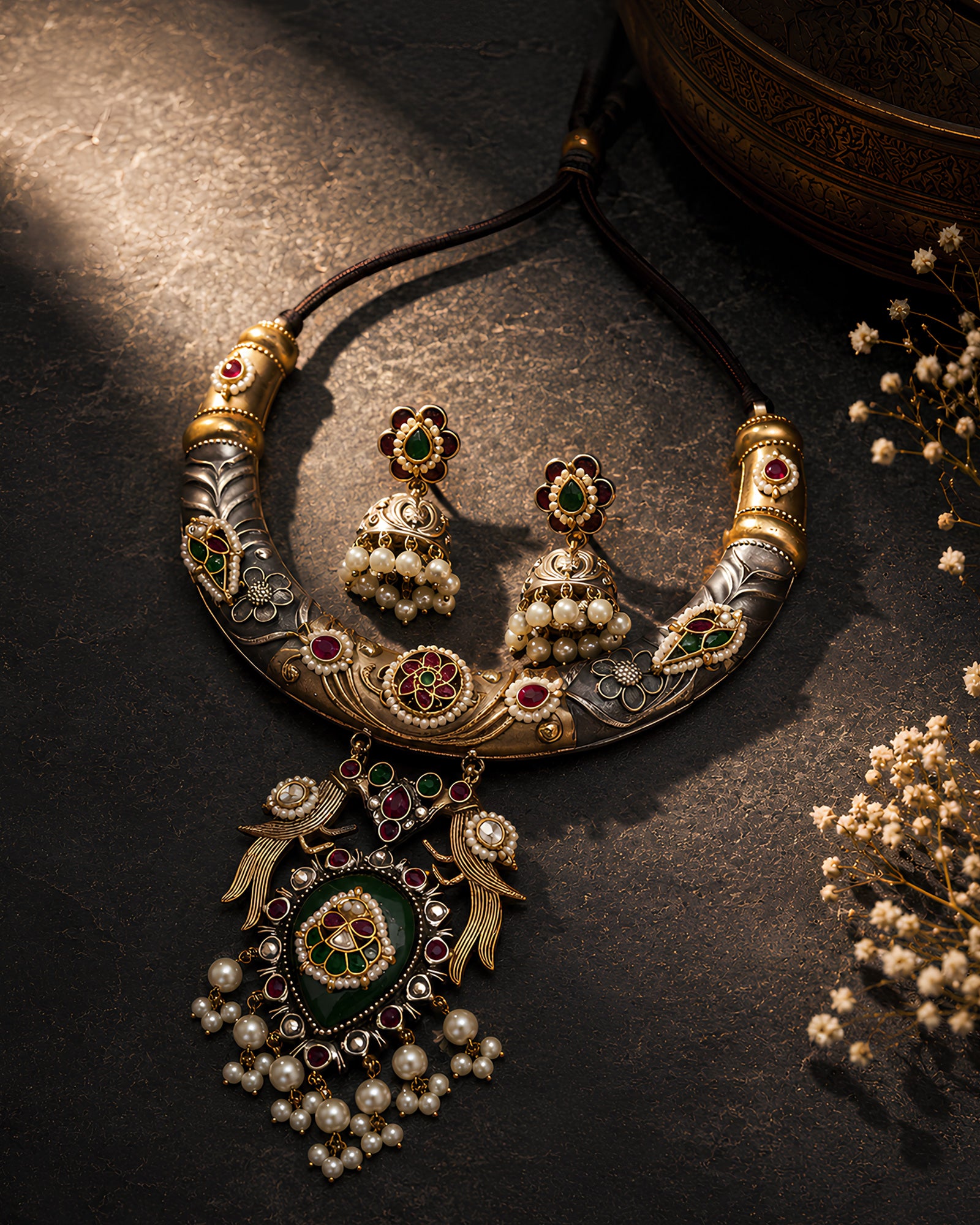 Dual-Tone Peacock Motif Green Stone & Pearl Droplet Hasli Necklace