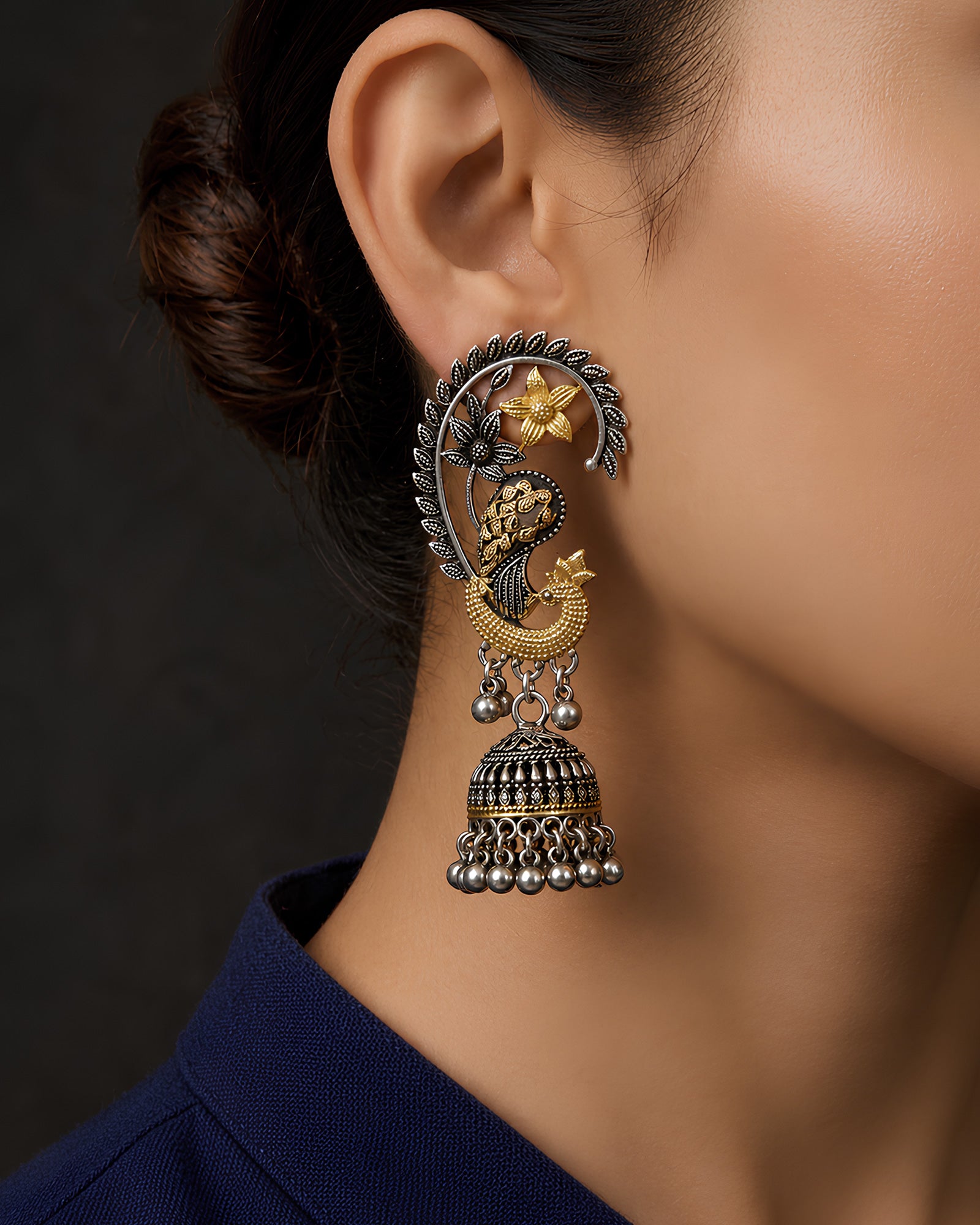 Dual-Tone Peacock Motif Jhumka Earrings