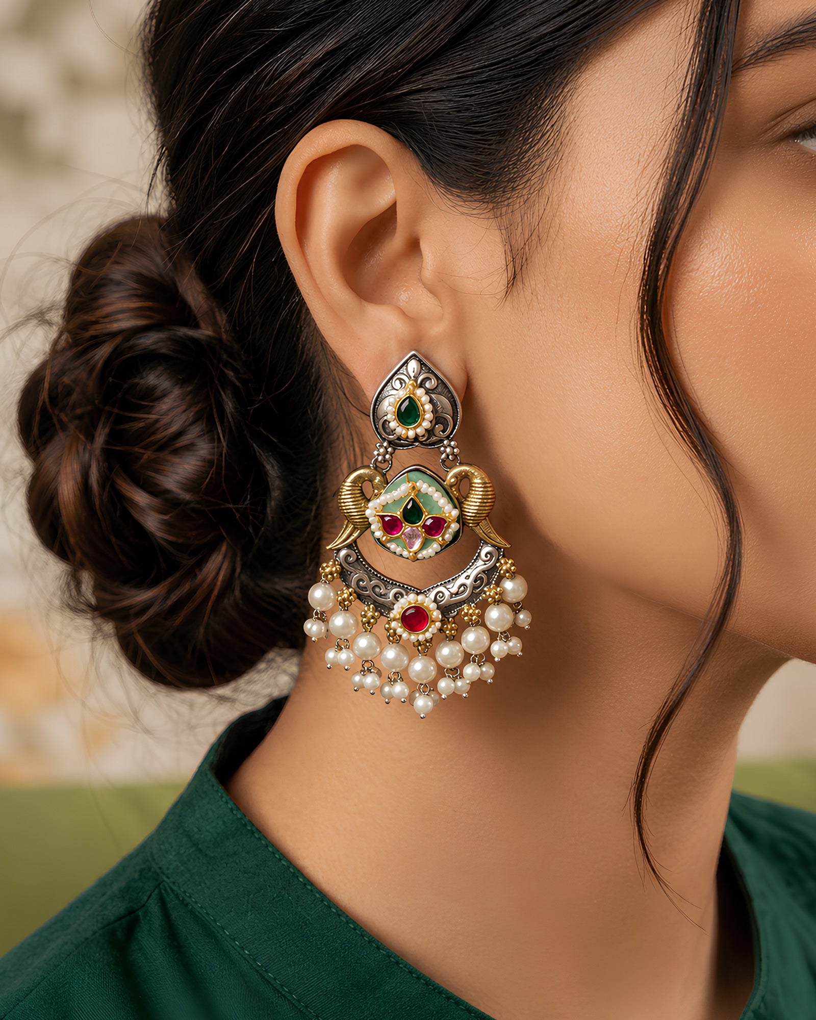 Dual-Tone Peacock Motif Pearl Earrings