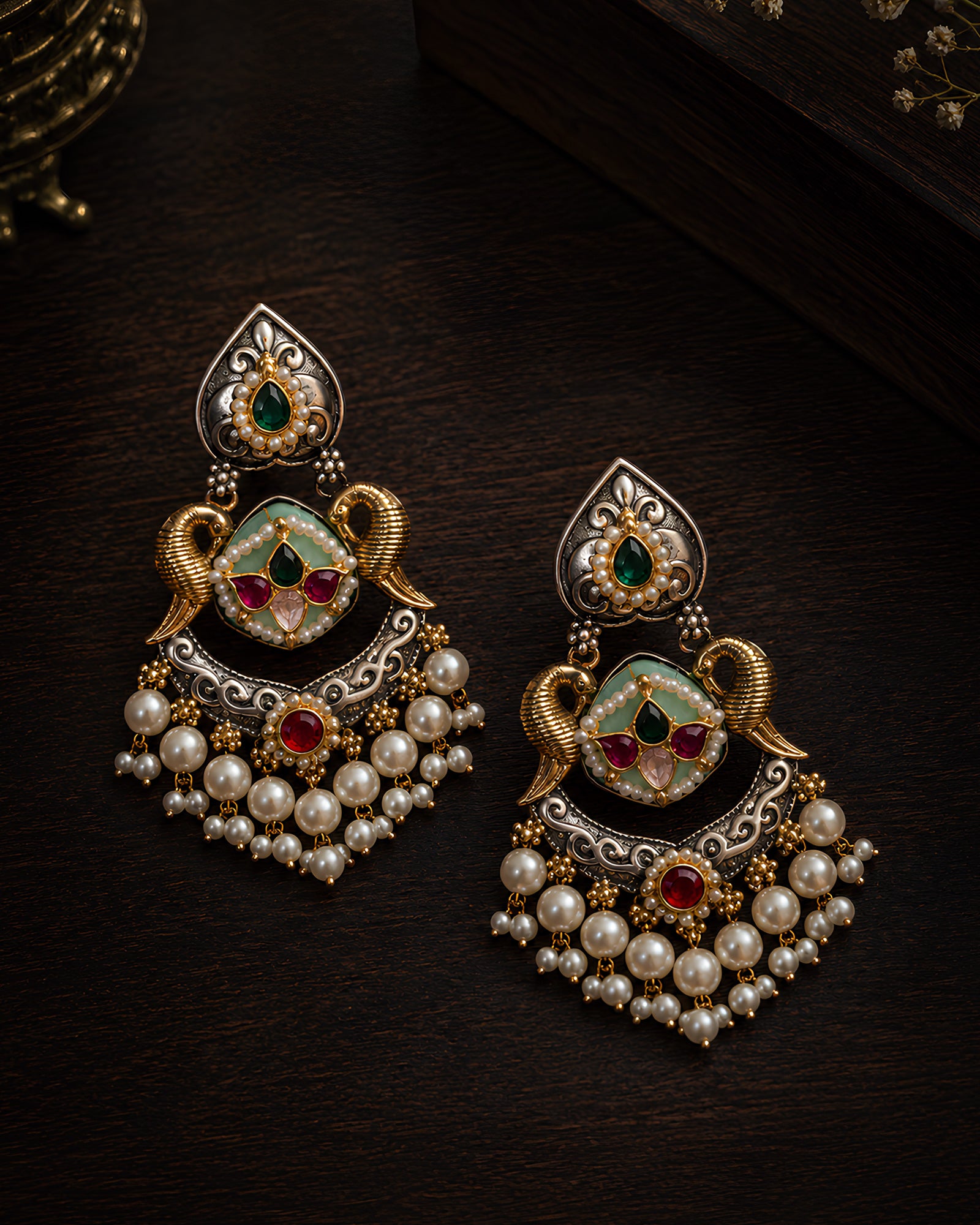 Dual-Tone Peacock Motif Pearl Earrings