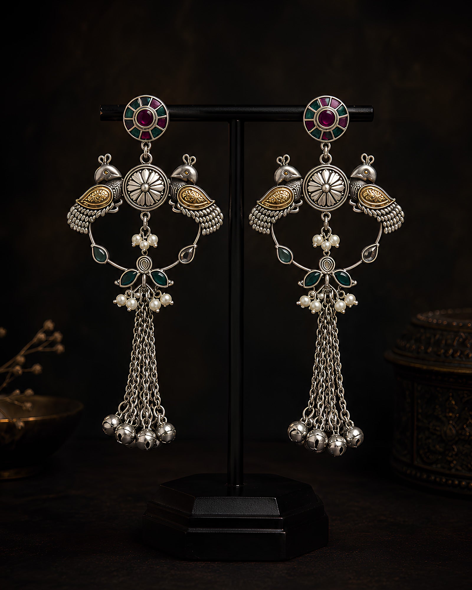 Dual-Tone Peacock Motif Tassel Earrings