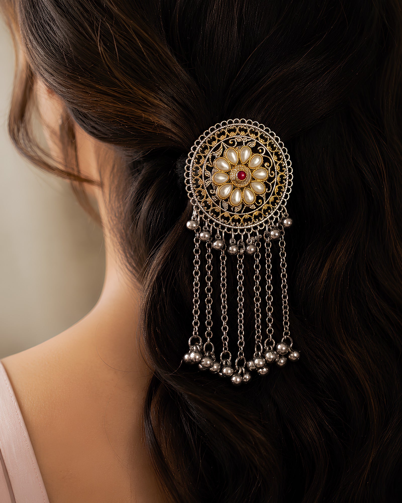 Dual-Tone Pearl Floral Circular Hair Brooch with Ghungroo Chains