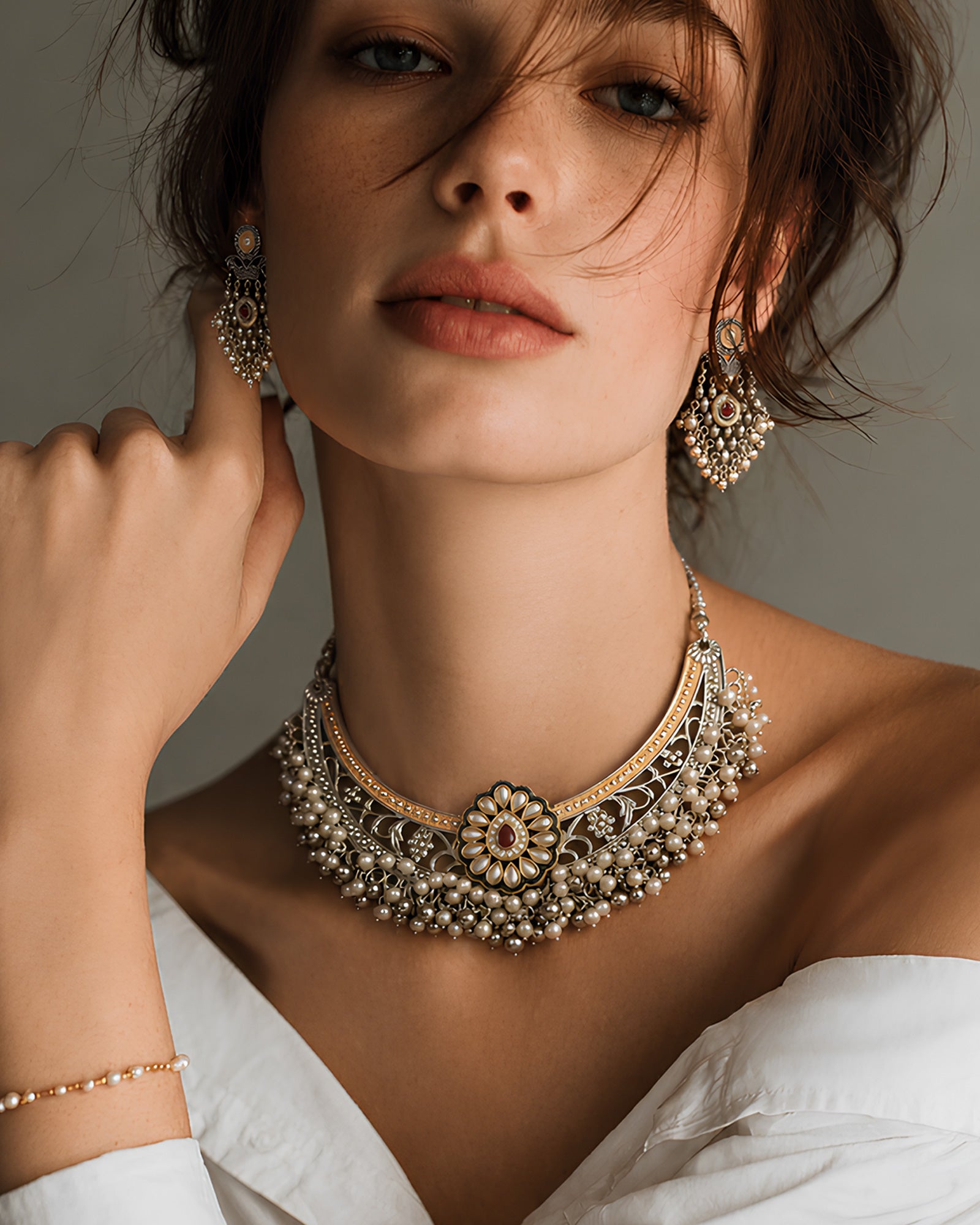 Dual-Tone Pearl-Inlaid Floral Medallion & Cluster Pearl-Fringed Choker Set