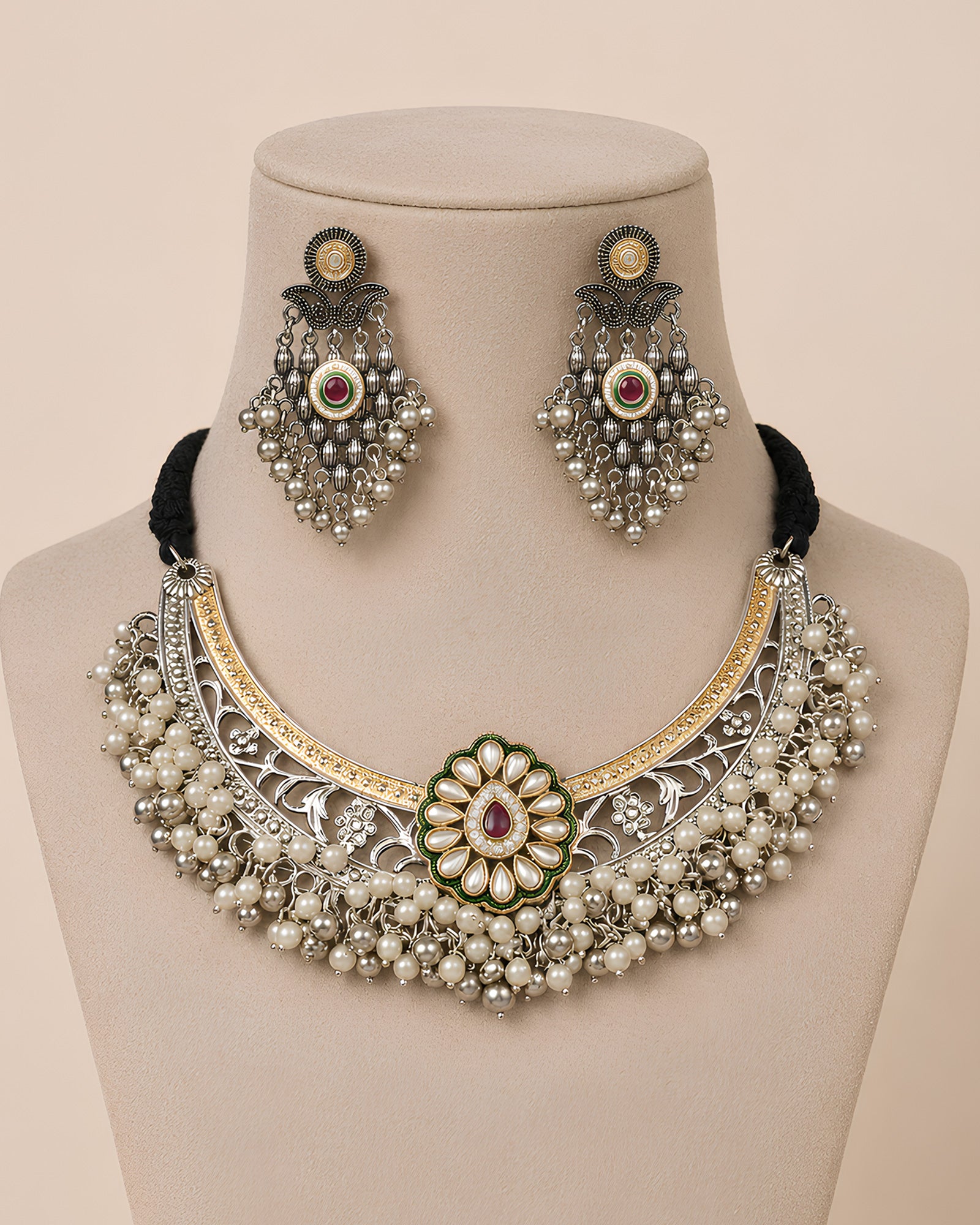 Dual-Tone Pearl-Inlaid Floral Medallion & Cluster Pearl-Fringed Choker Set