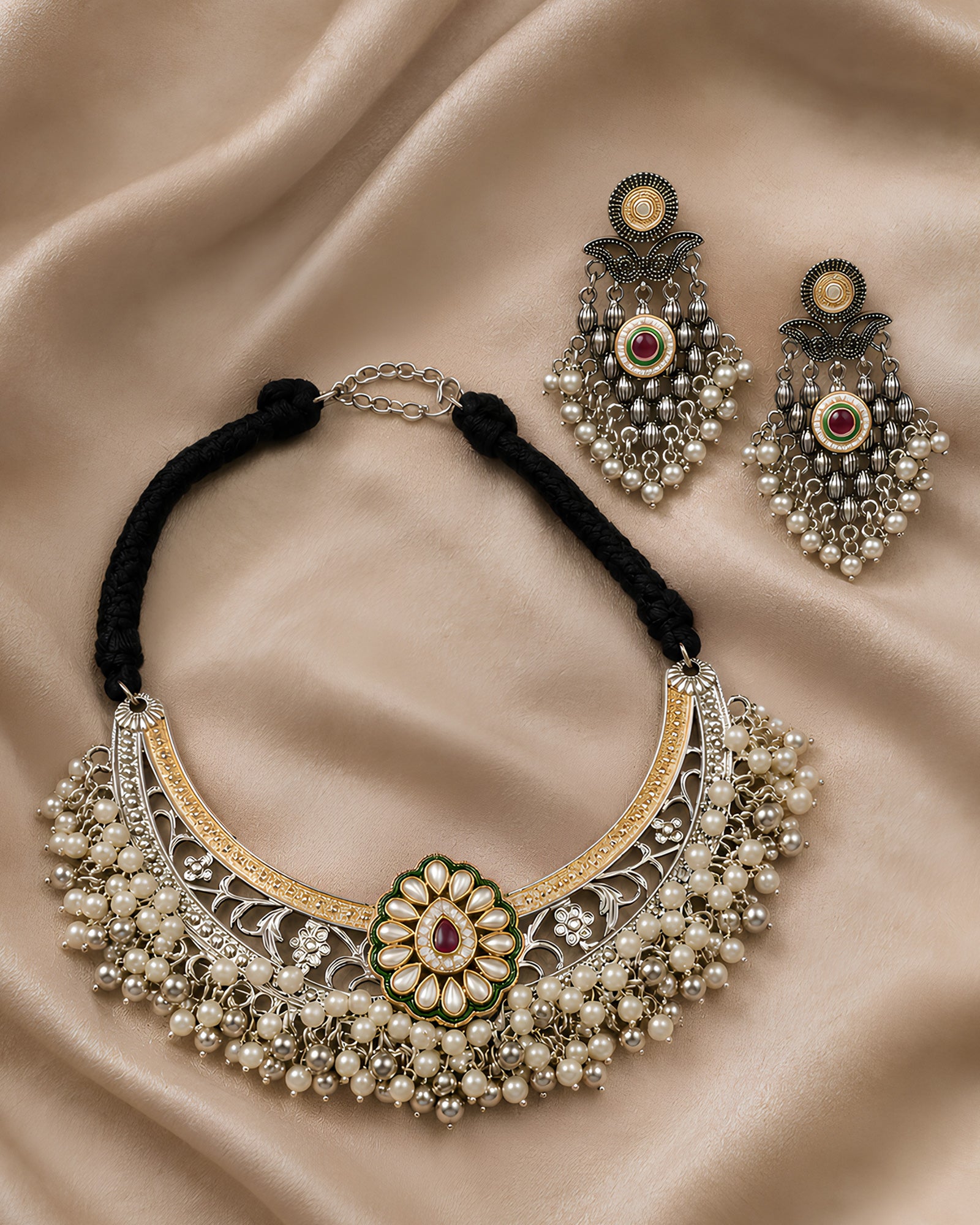 Dual-Tone Pearl-Inlaid Floral Medallion & Cluster Pearl-Fringed Choker Set