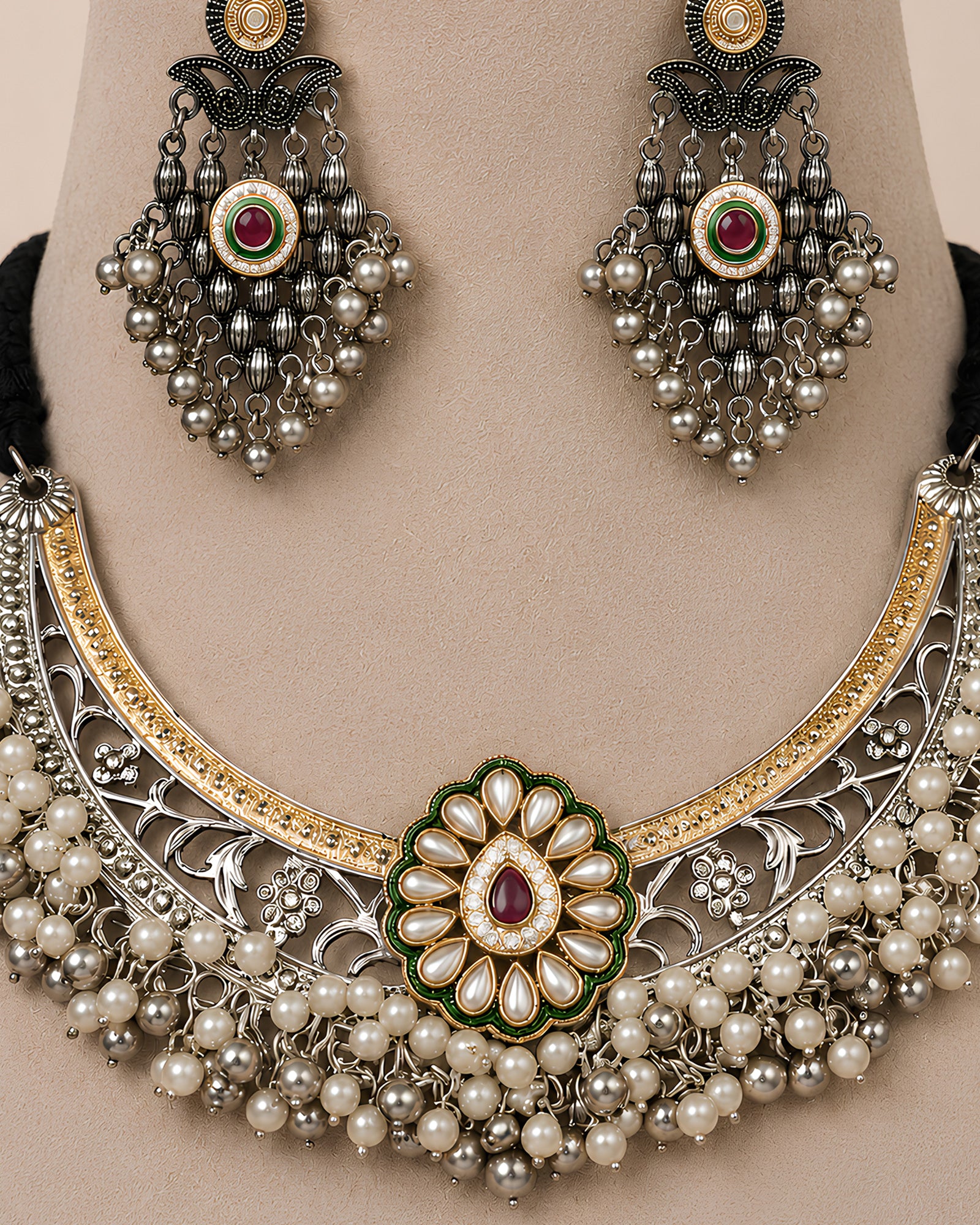 Dual-Tone Pearl-Inlaid Floral Medallion & Cluster Pearl-Fringed Choker Set