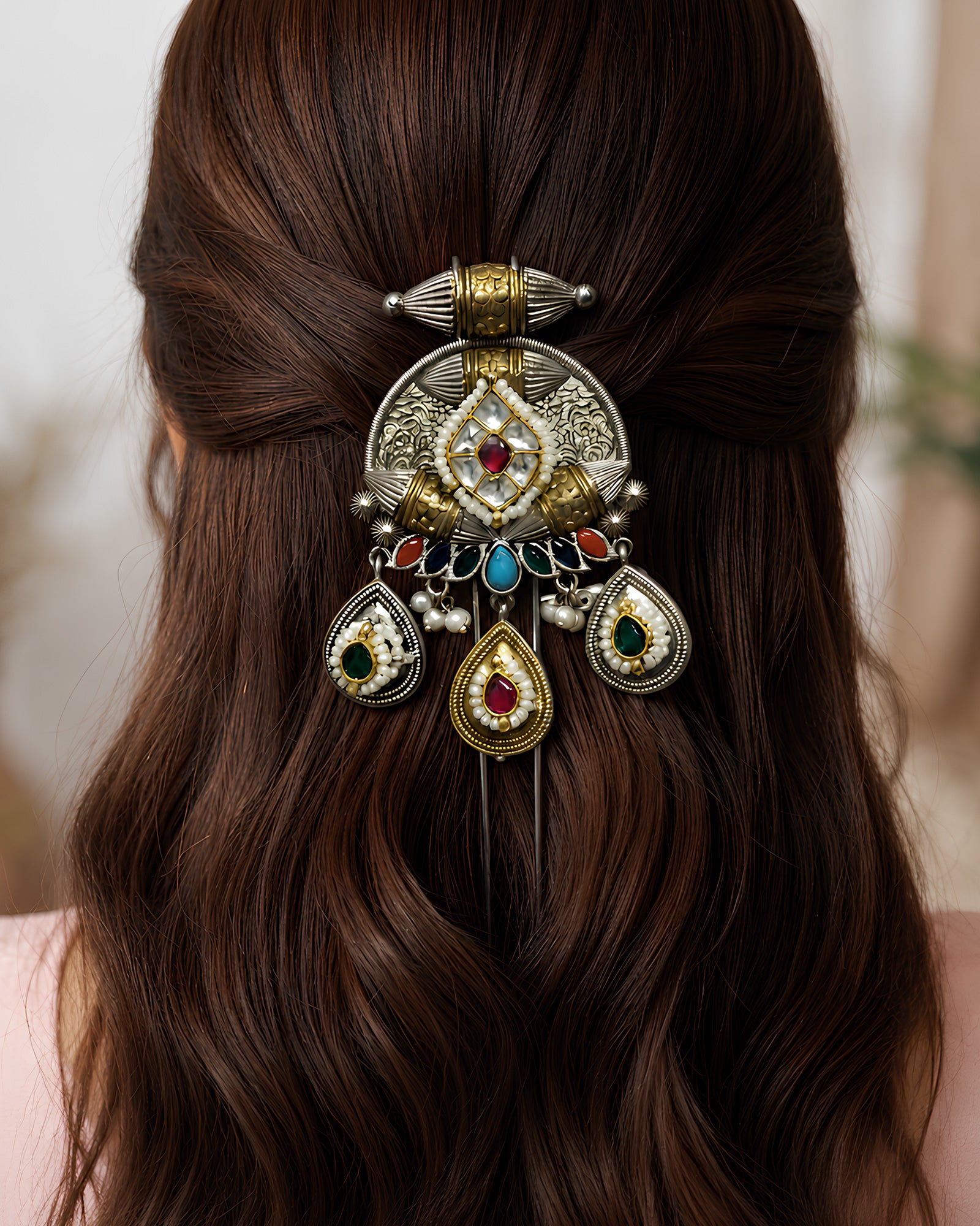 Dual-Tone Polki & Gemstone Hair Fork