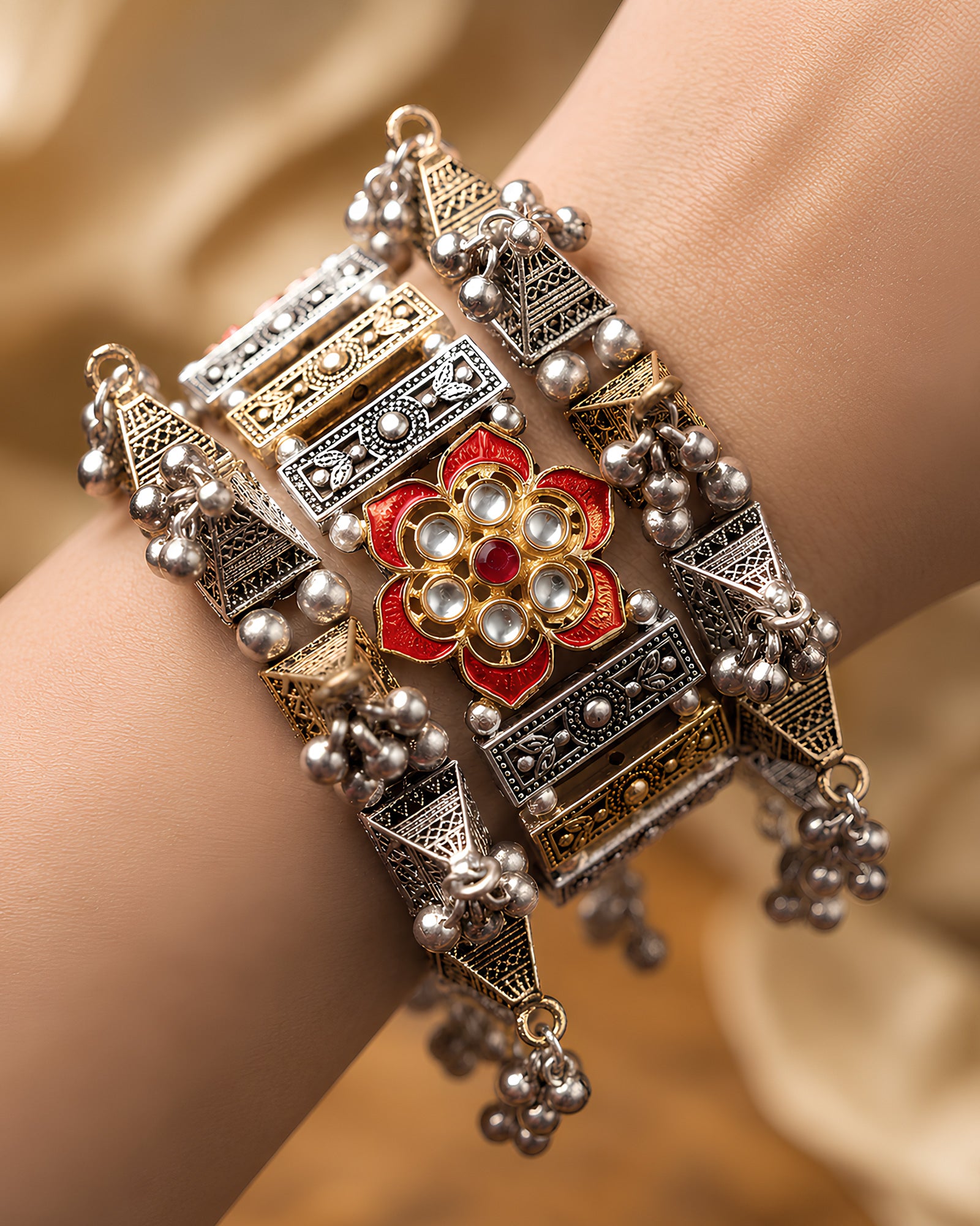 Dual-Tone Pyramidal Stud & Red Kundan Flower Kada