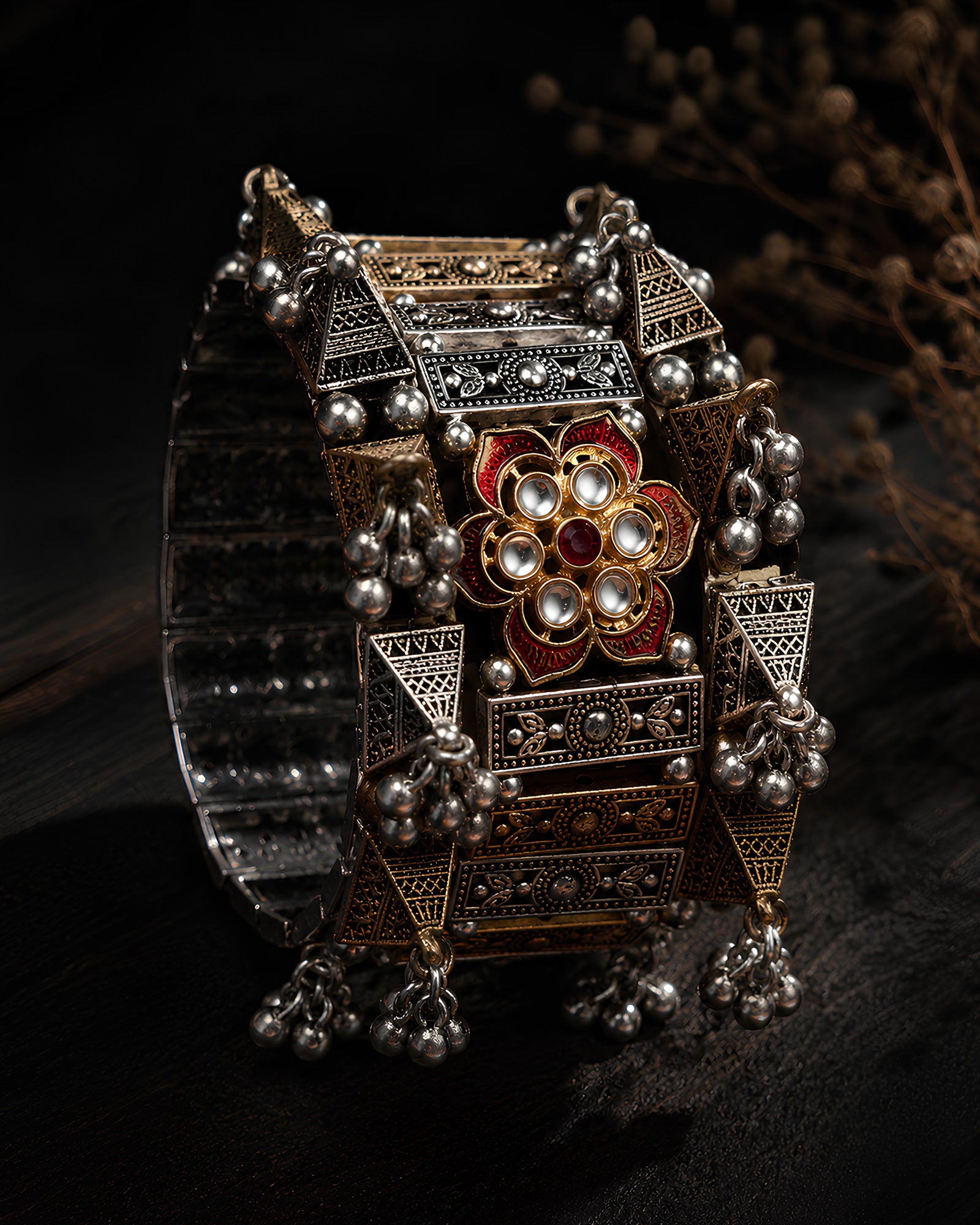 Dual-Tone Pyramidal Stud & Red Kundan Flower Kada