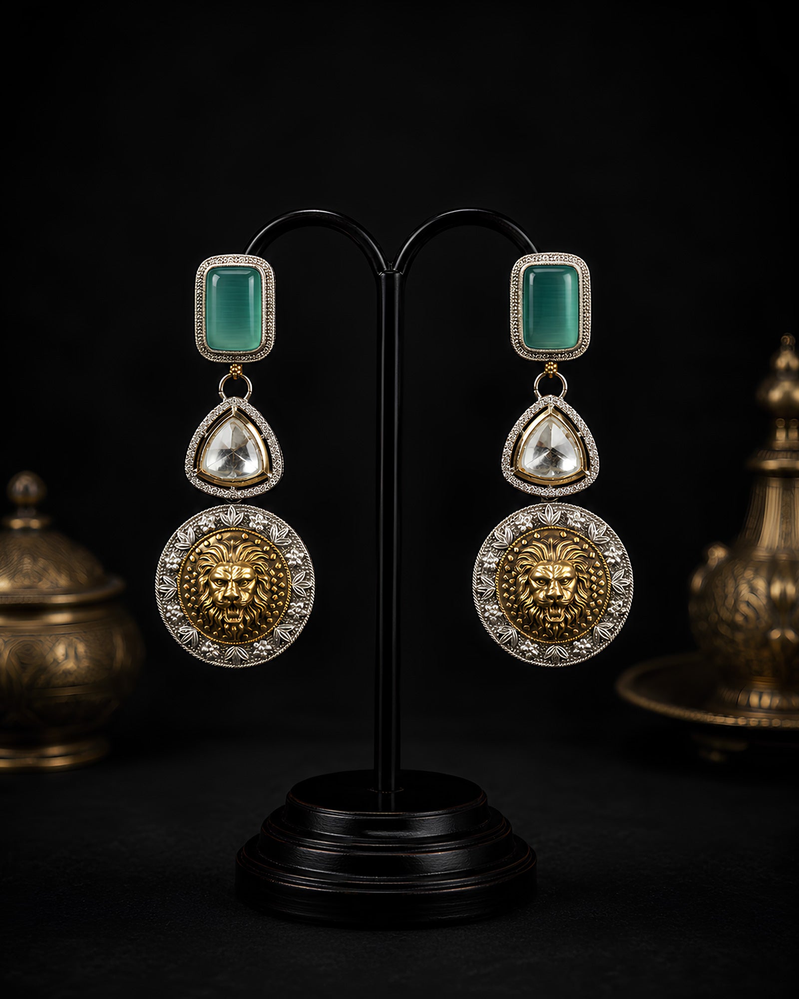 Dual-Tone Regal Lion Motif Statement Earrings