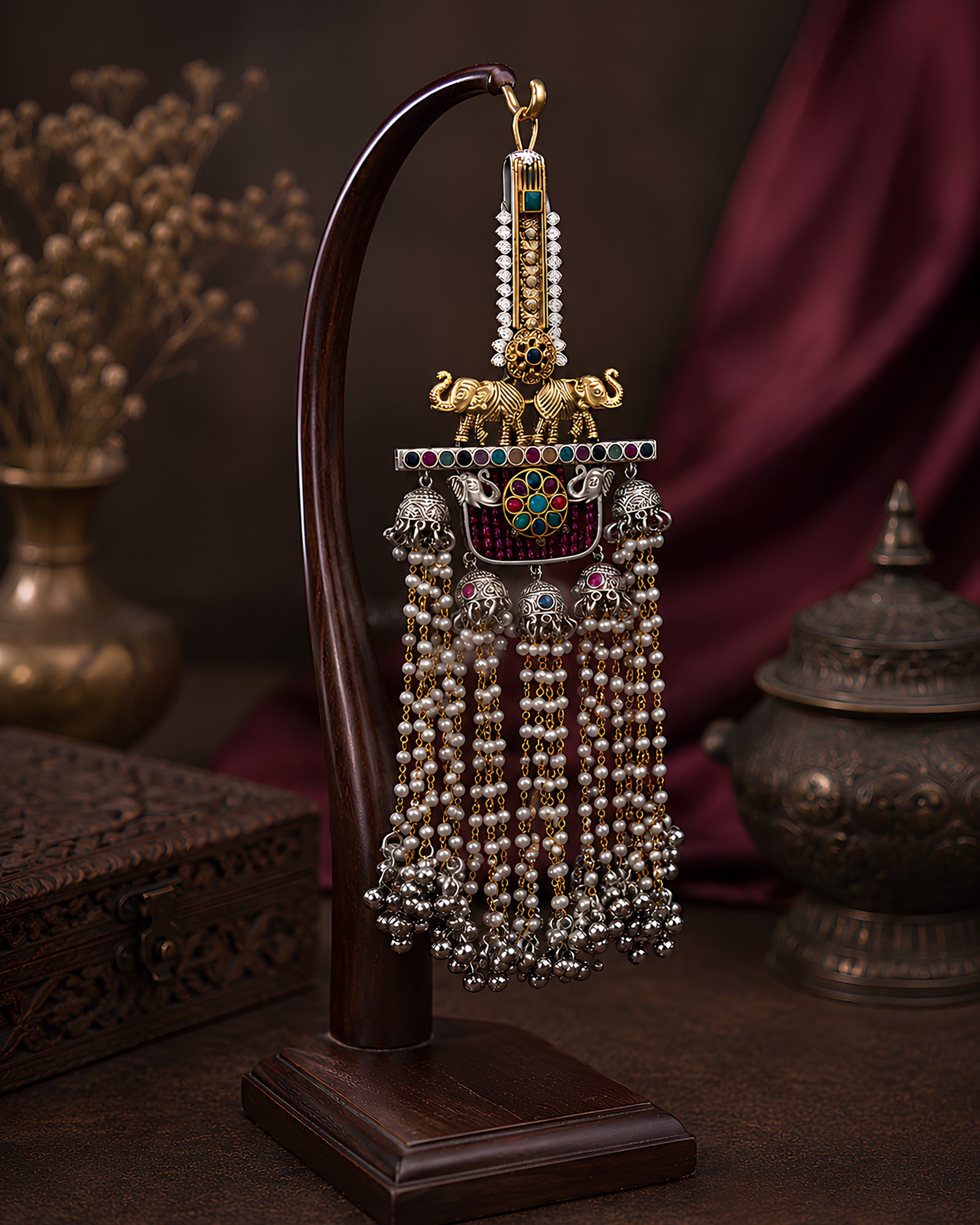 Dual-Tone Royal Elephant & Pearl Jhumka Chabi Chhalla