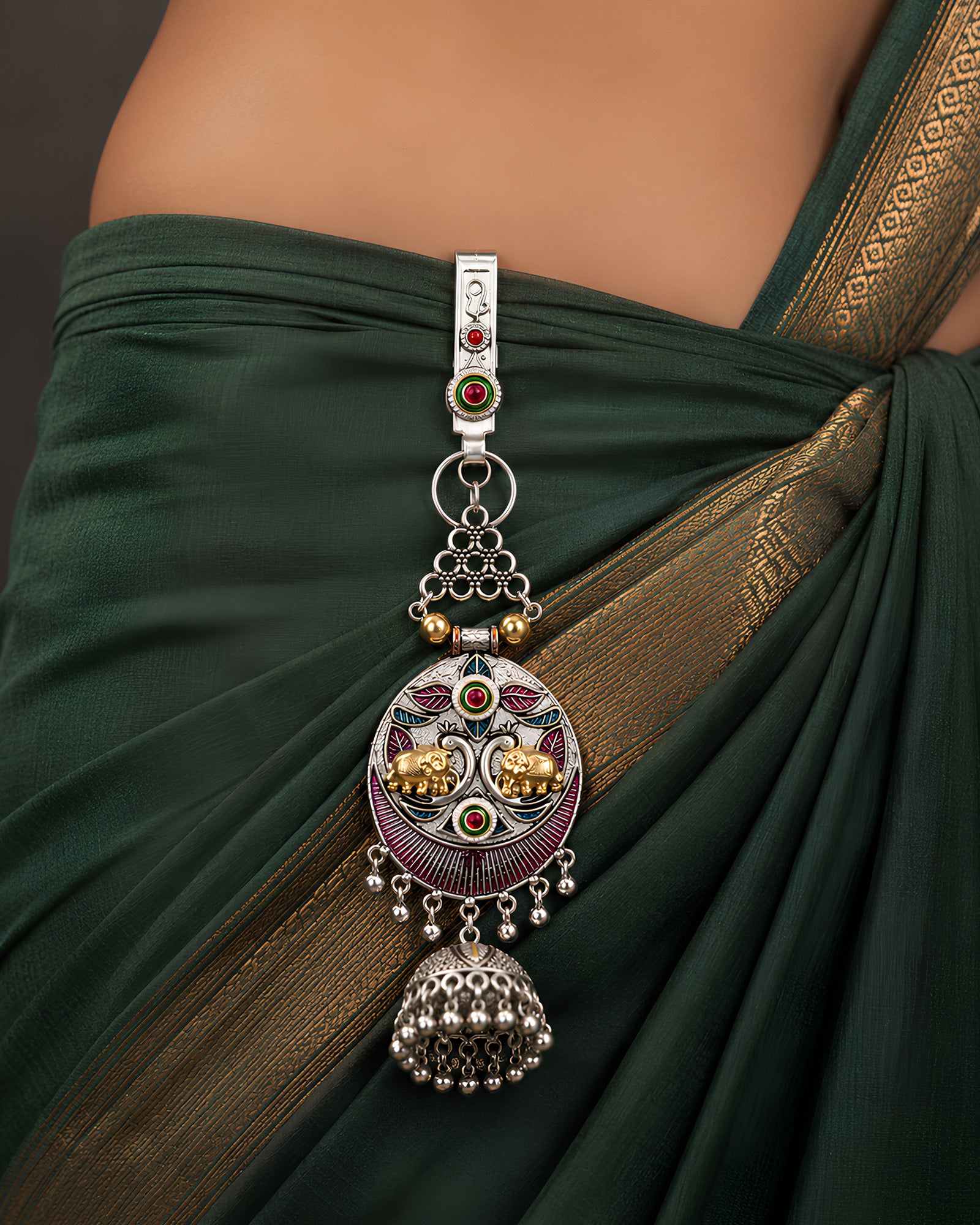 Dual-Tone Royal Elephant Medallion & Jhumka Saree Juda