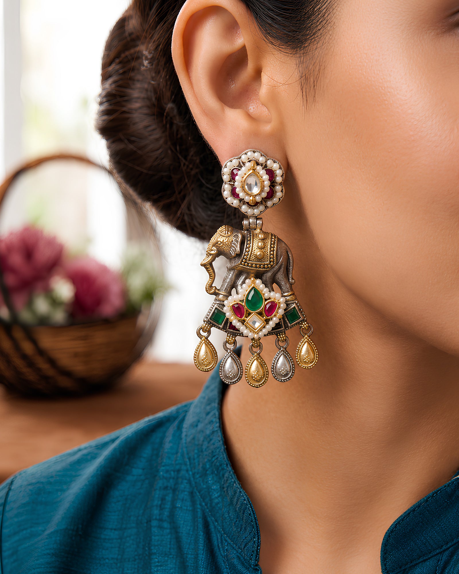 Dual-Tone Royal Elephant Motif Metallic Drop Earrings