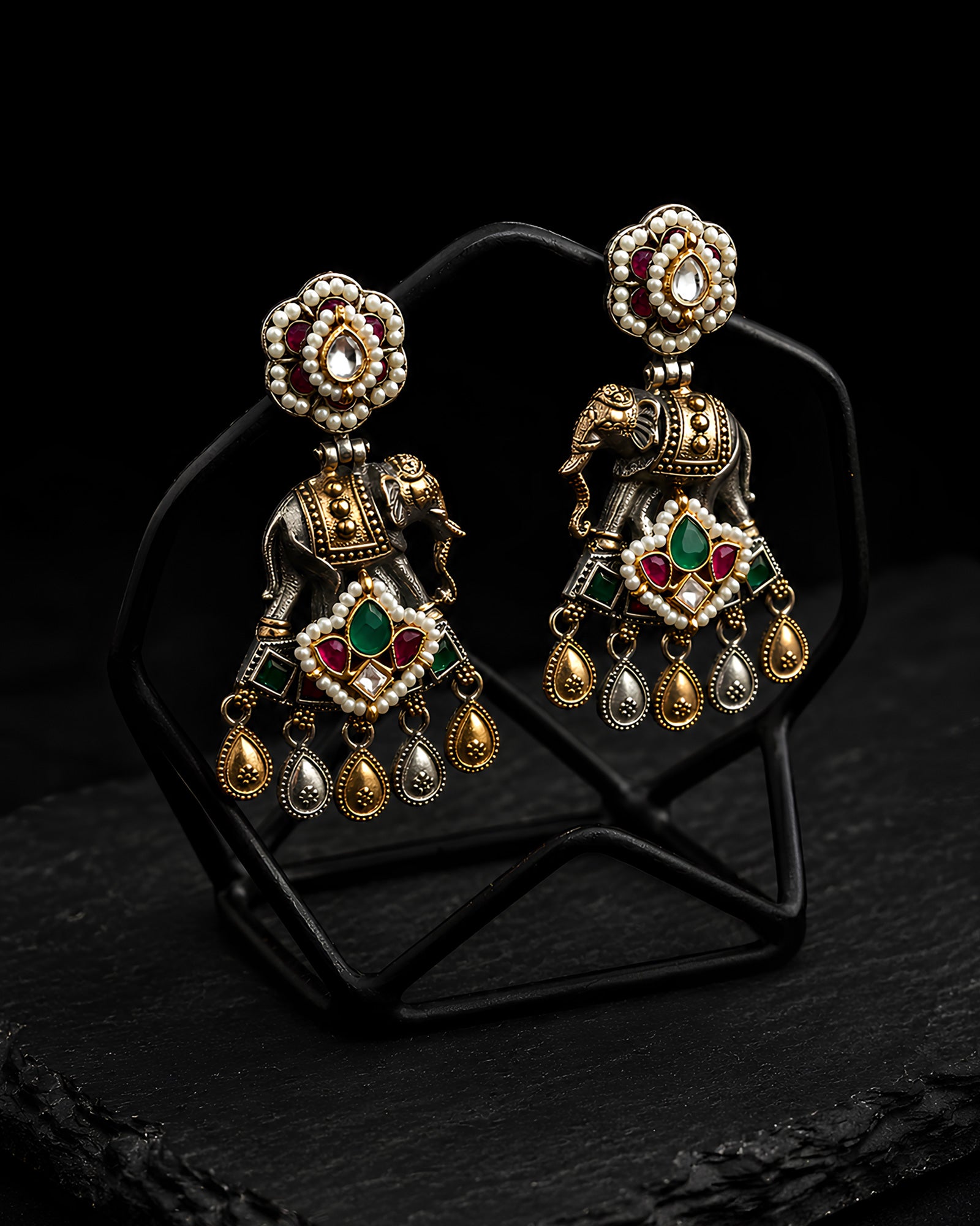 Dual-Tone Royal Elephant Motif Metallic Drop Earrings