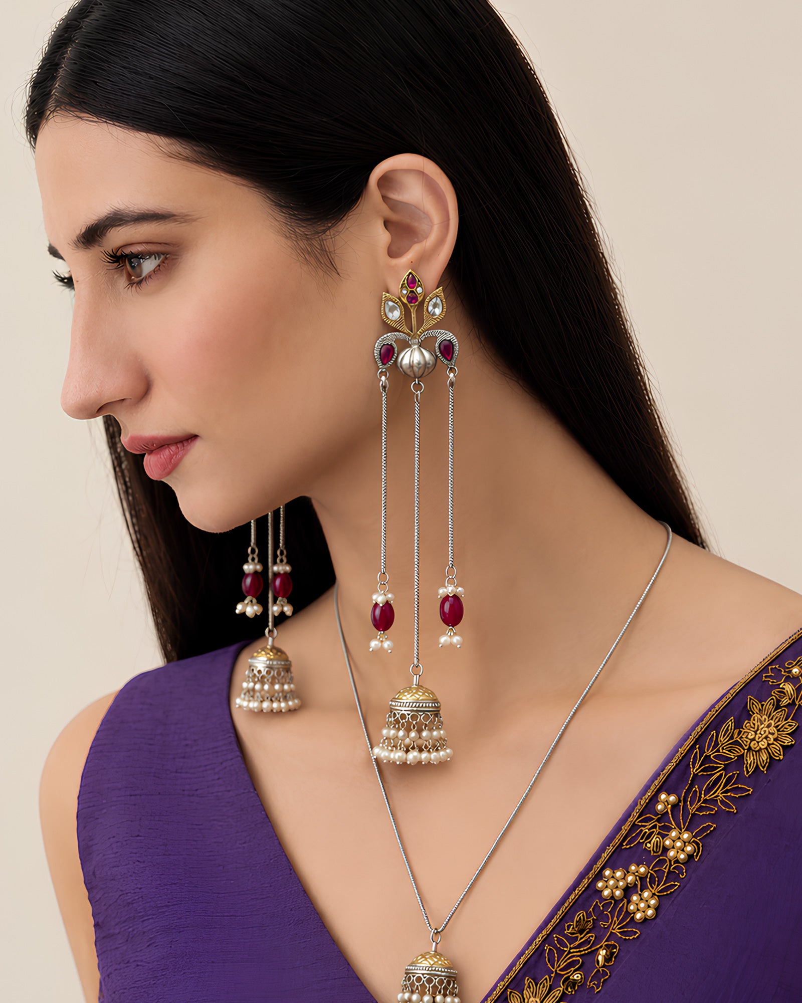 Dual-Tone Ruby & Beaded Chain Jhumka Earrings