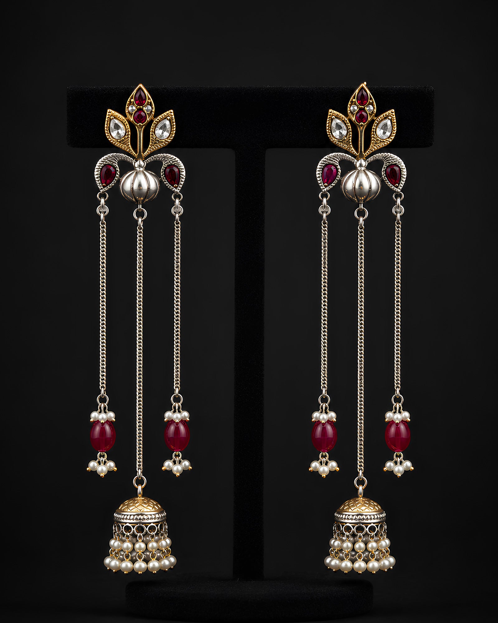 Dual-Tone Ruby & Beaded Chain Jhumka Earrings