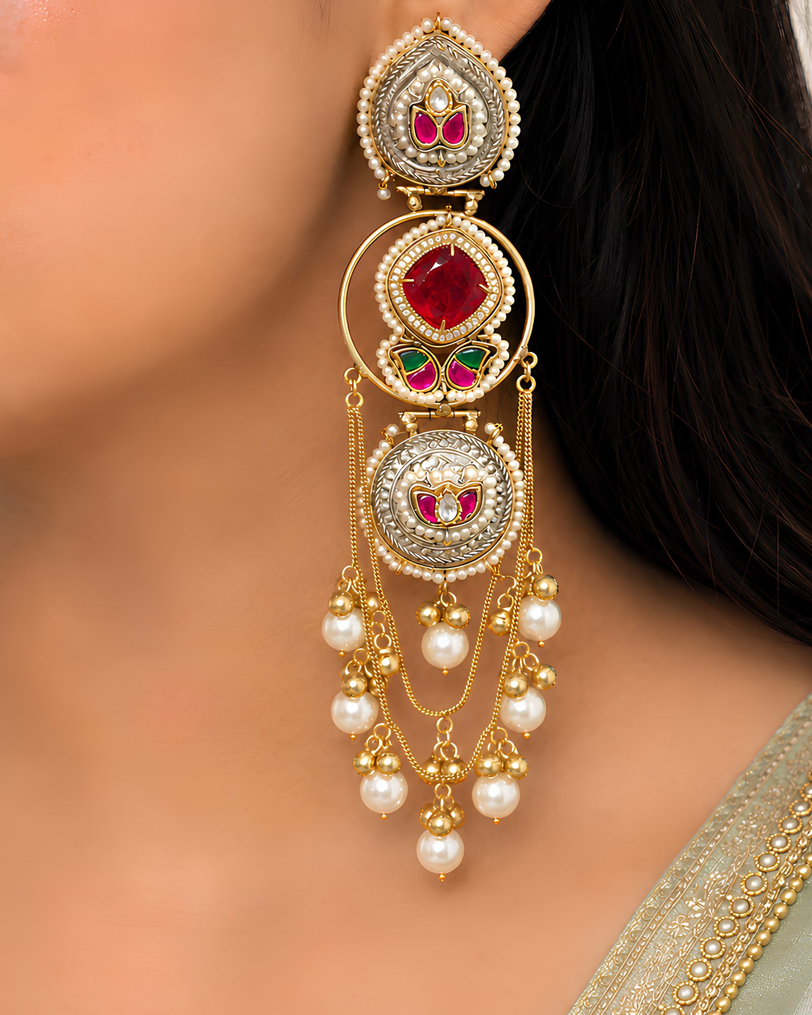 Dual-Tone Ruby Medallion & Pearl Chain Drop Earrings