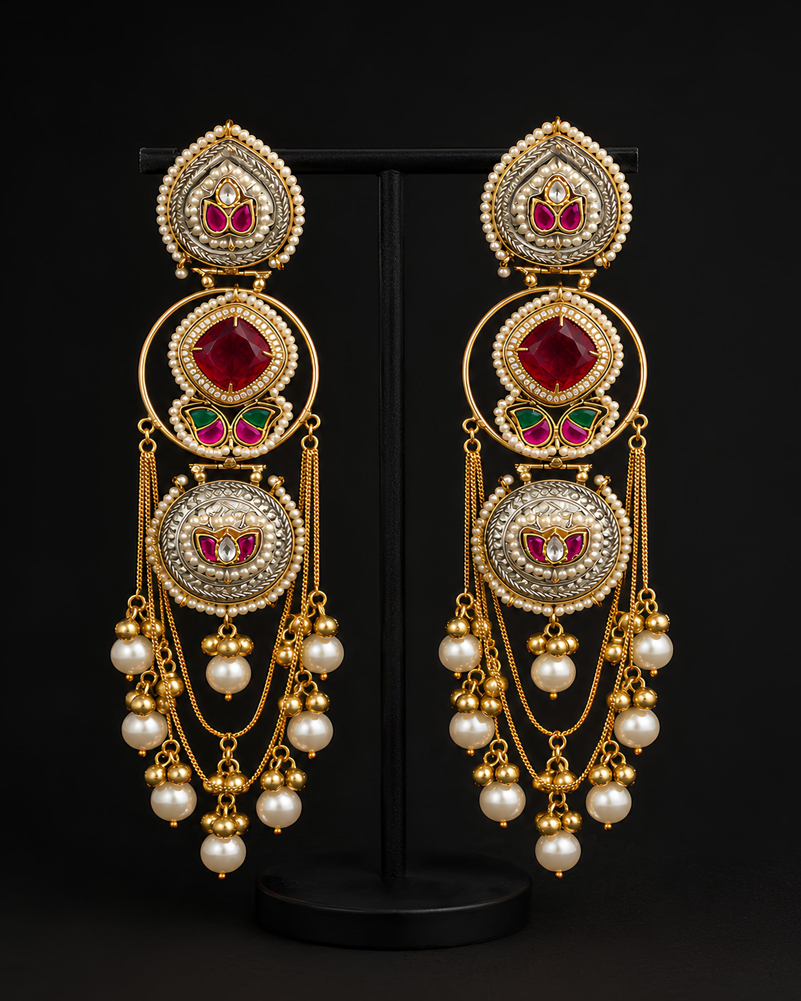 Dual-Tone Ruby Medallion & Pearl Chain Drop Earrings
