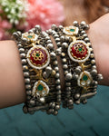 Dual-Tone Ruby Red Medallion & Ghungroo Oxidized Kada