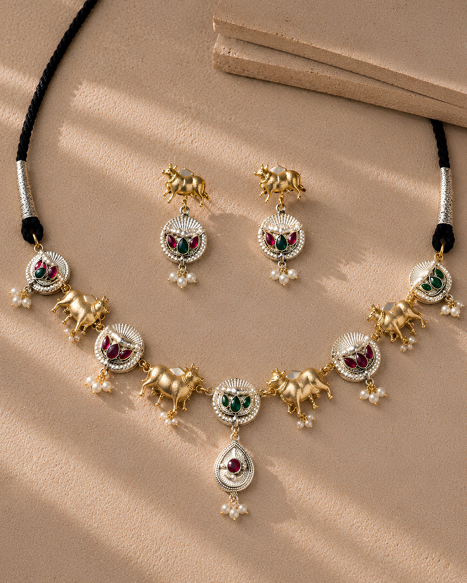 Dual-Tone Sacred Cow Motif Pearl Droplet Necklace
