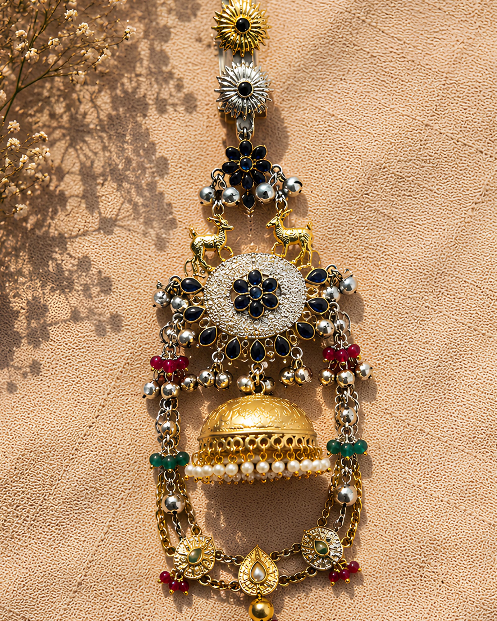 Dual-Tone Sapphire Medallion & Golden Jhumka Chabi Chhalla