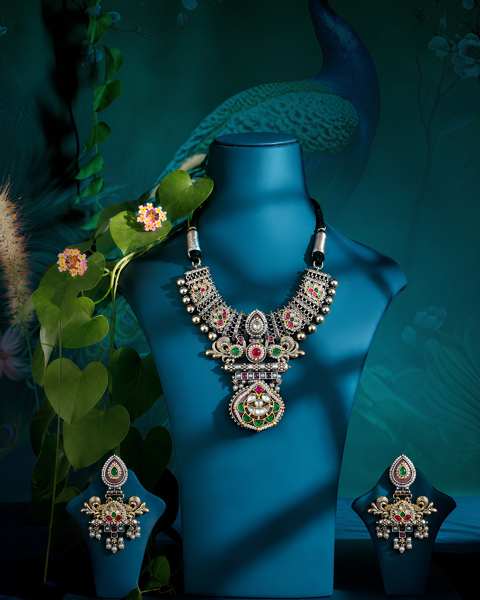 Dual-Tone Sculpted Flourish Kundan Drop Necklace