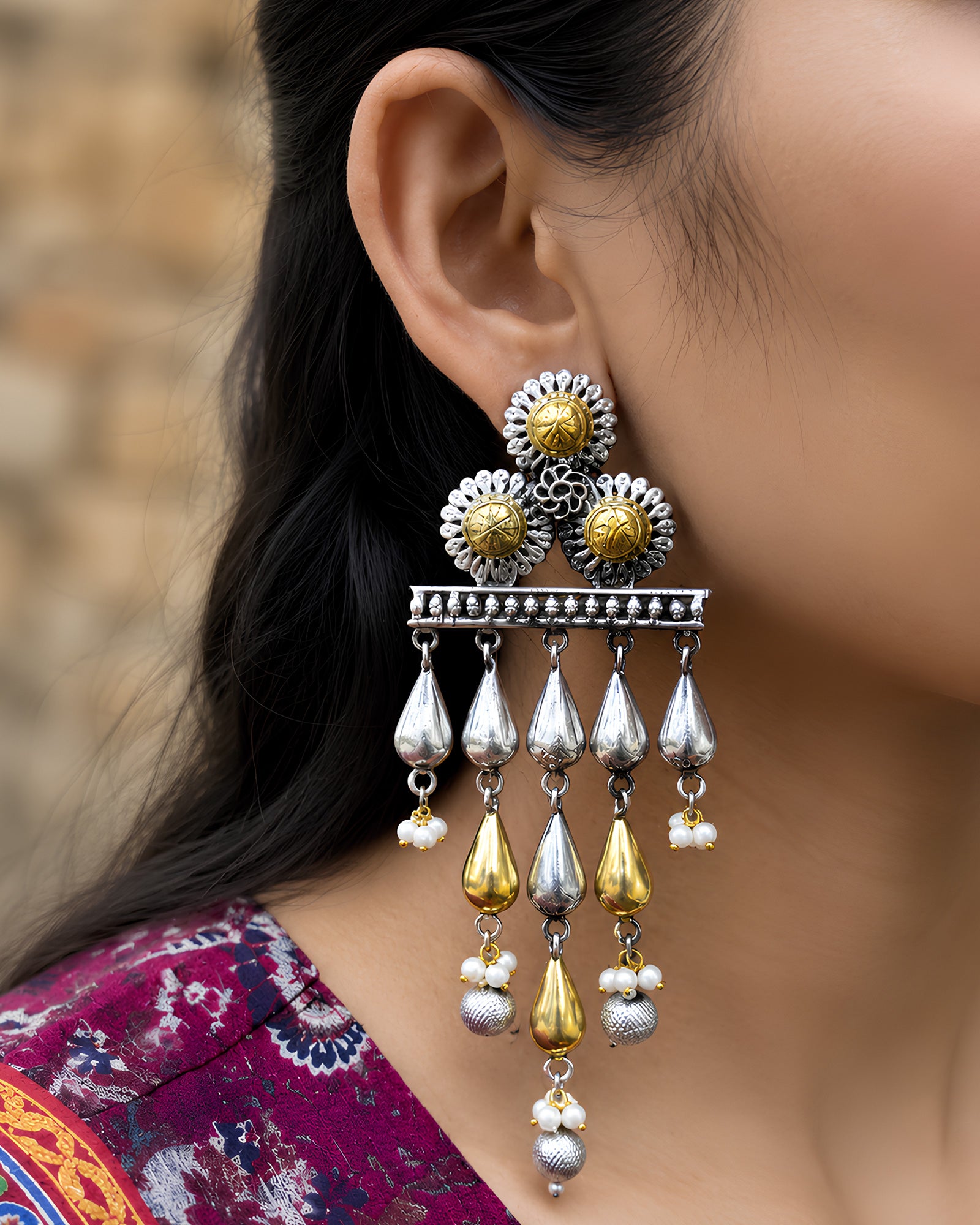 Dual-Tone Sunburst Cluster & Metallic Teardrop Fringe Earrings