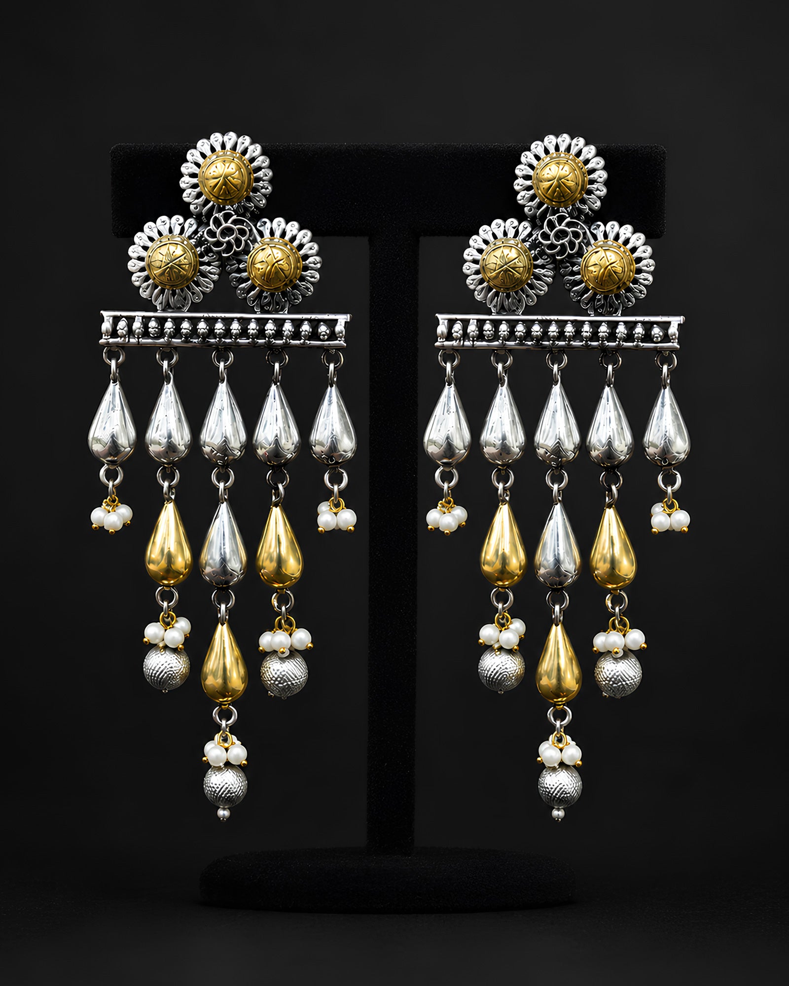Dual-Tone Sunburst Cluster & Metallic Teardrop Fringe Earrings