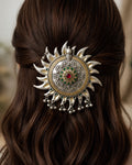 Dual-Tone Sunburst Flame Hair Brooch with Floral Meenakari Centerpiece