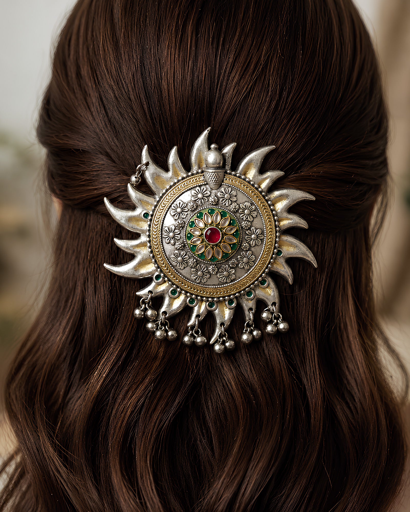 Dual-Tone Sunburst Flame Hair Brooch with Floral Meenakari Centerpiece