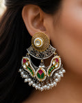 Dual-Tone Sunburst Kundan & Pearl Crescent Earrings