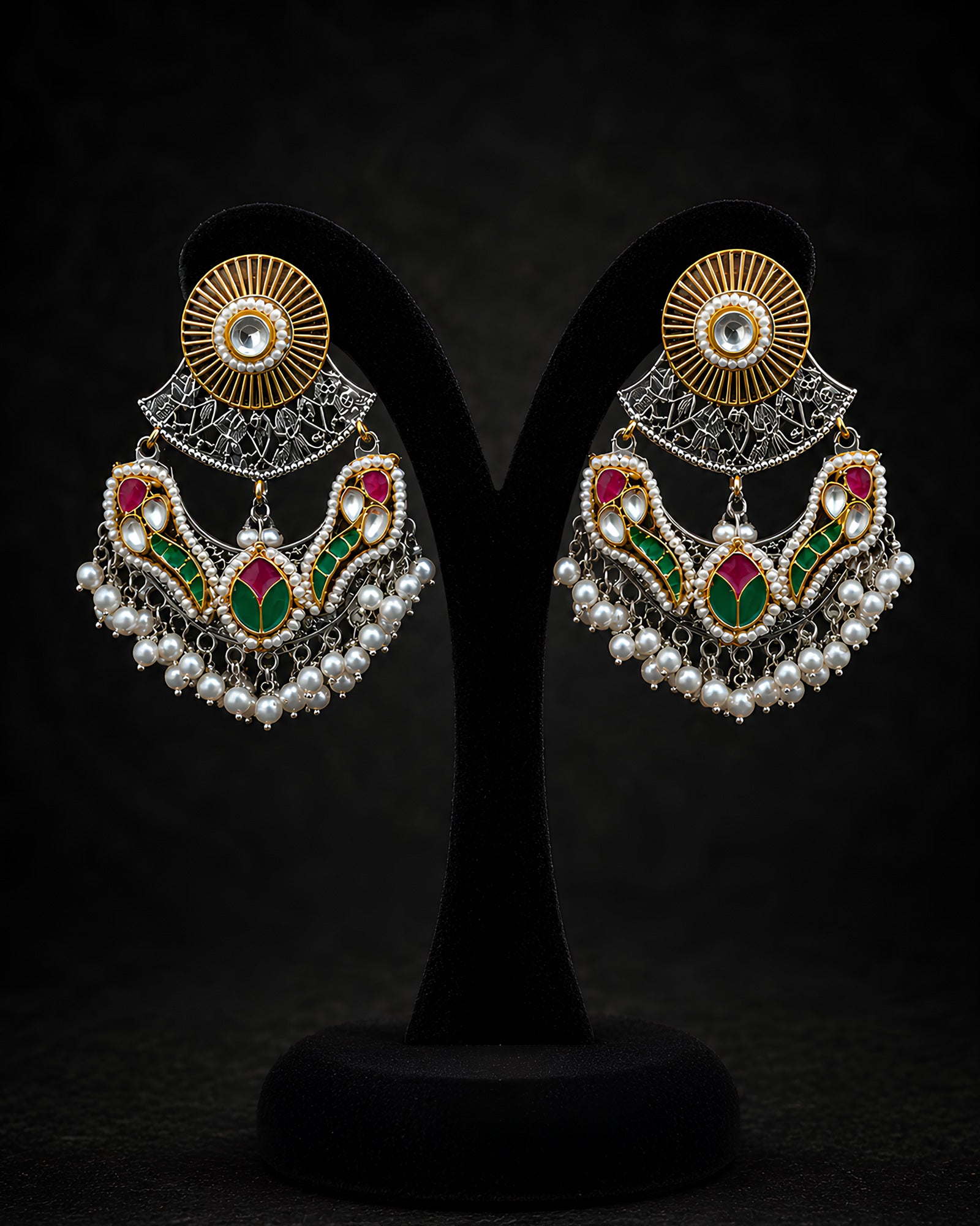 Dual-Tone Sunburst Kundan & Pearl Crescent Earrings