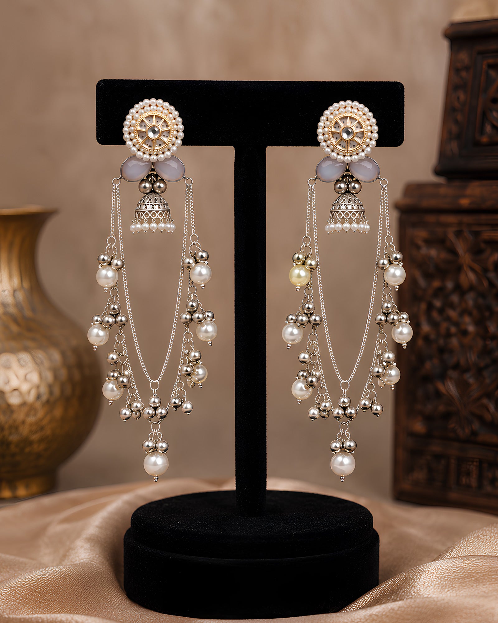 Dual-Tone Sunburst Medallion & Cascading Chain Earrings