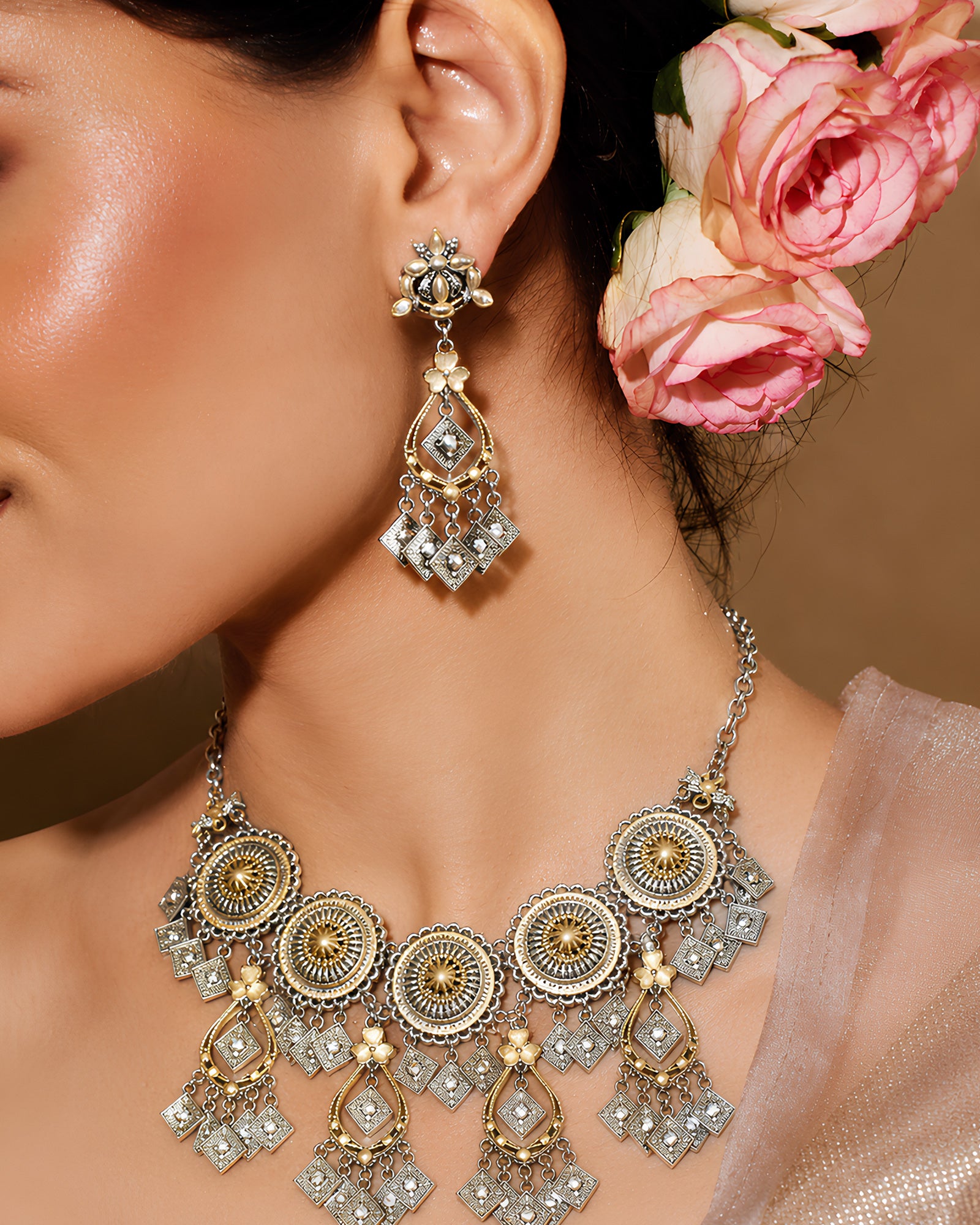 Dual-Tone Sunburst Medallion & Geometric Choker Necklace
