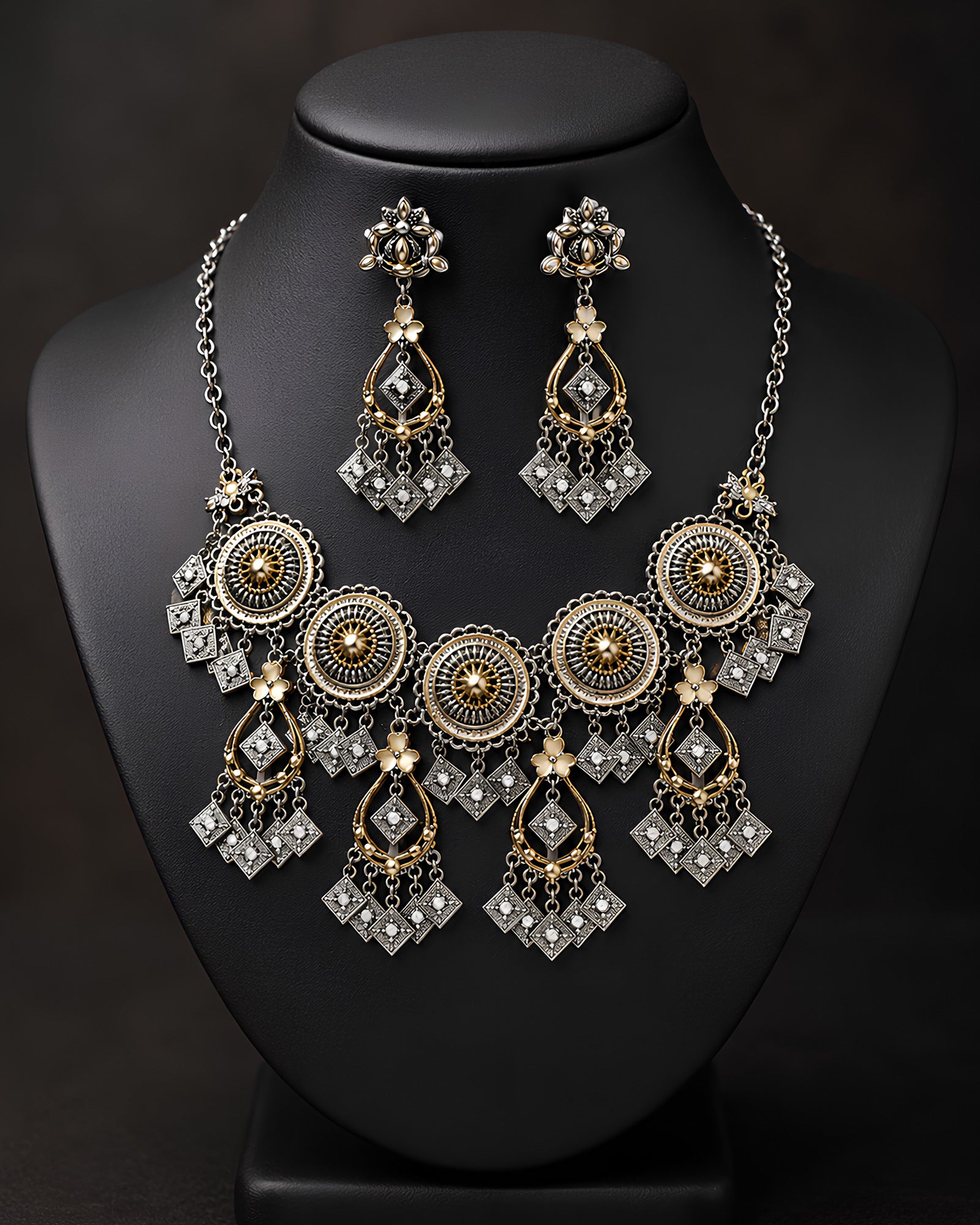 Dual-Tone Sunburst Medallion & Geometric Choker Necklace