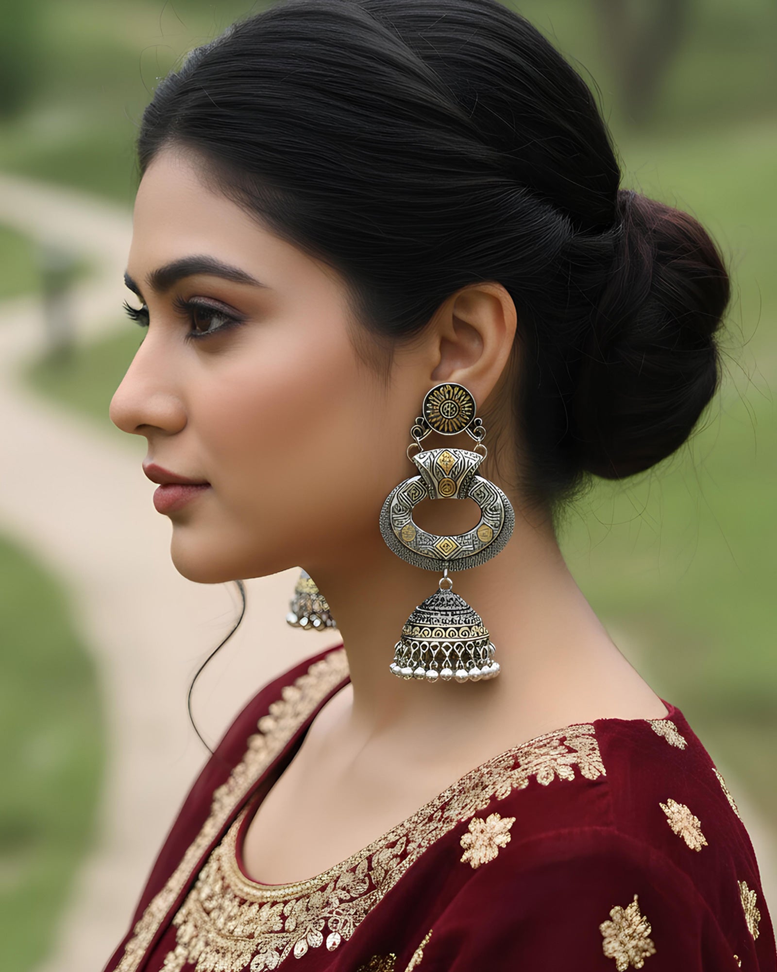Dual-Tone Textured Crescent Oxidized Jhumkas
