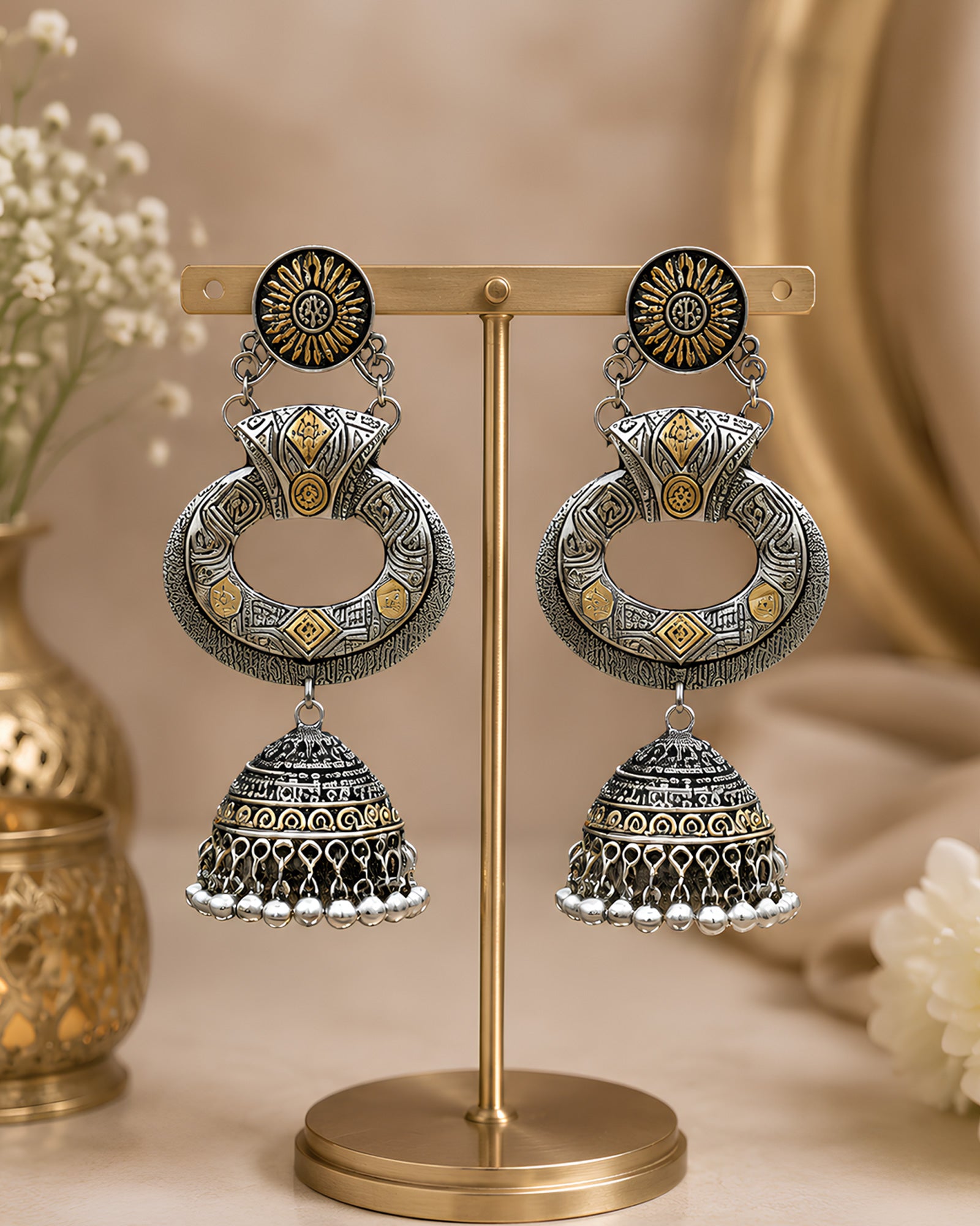 Dual-Tone Textured Crescent Oxidized Jhumkas