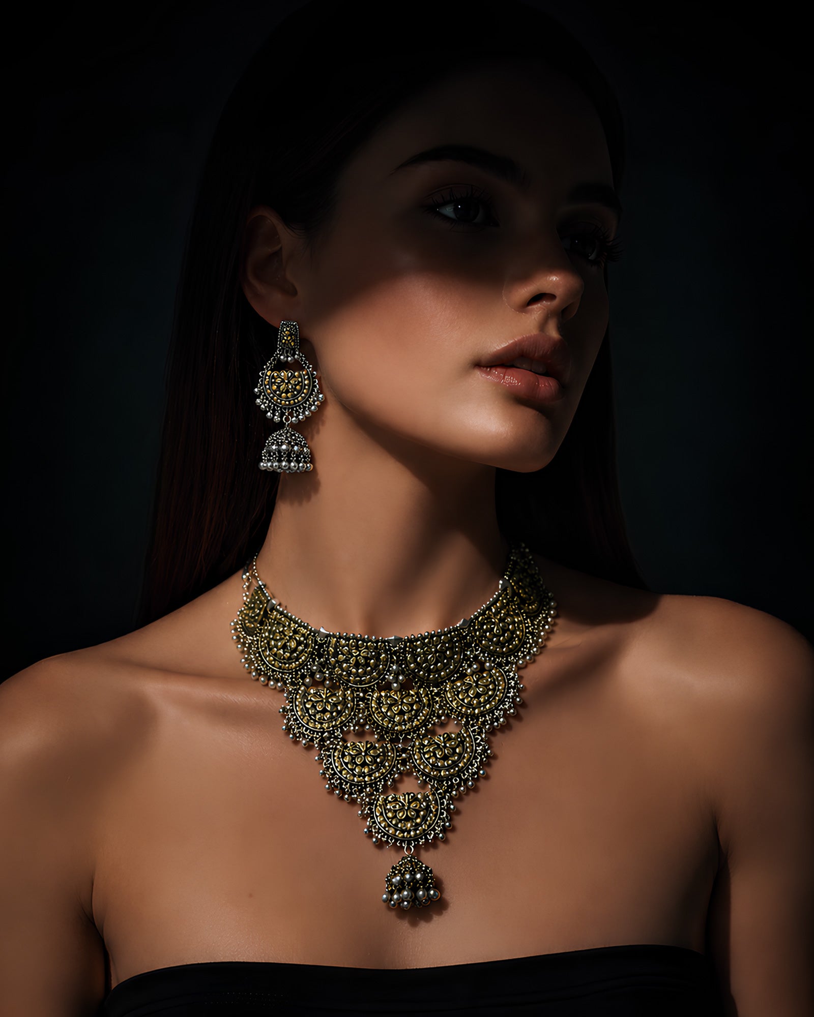 Dual-Tone Textured Floral Shield & Tiered Ghungroo-Fringe Bib Necklace Set
