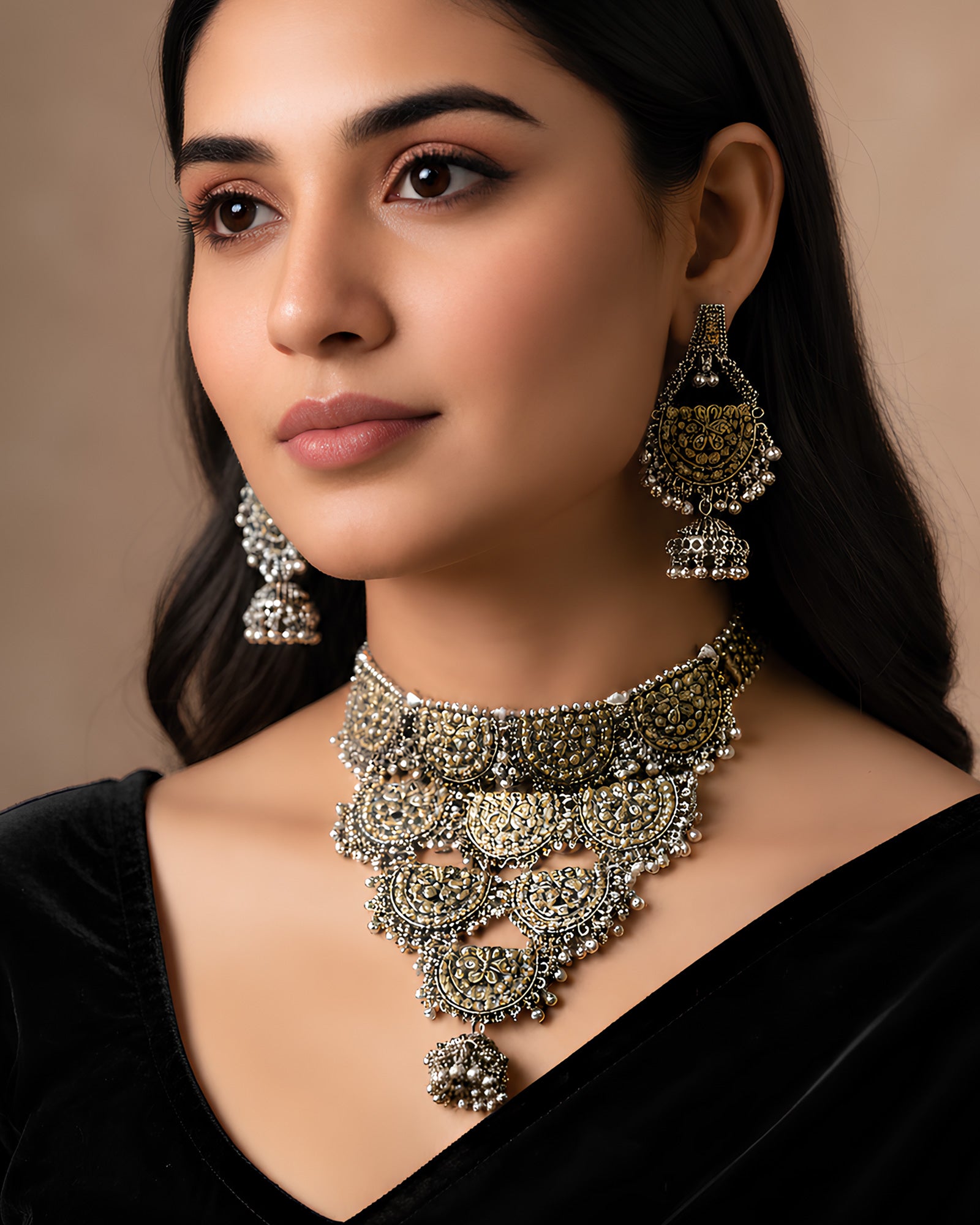 Dual-Tone Textured Floral Shield & Tiered Ghungroo-Fringe Bib Necklace Set