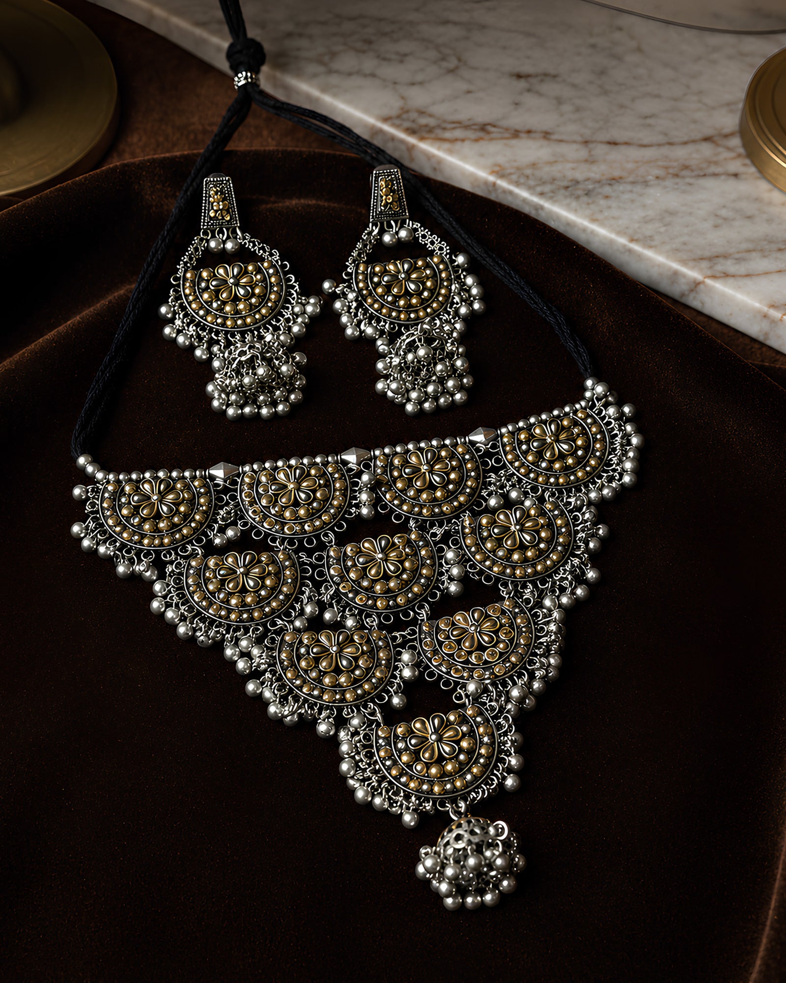 Dual-Tone Textured Floral Shield & Tiered Ghungroo-Fringe Bib Necklace Set