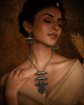 Dual-Tone Tiered Barrel Motif & Cluster Ghungroo Oxidized Necklace Set