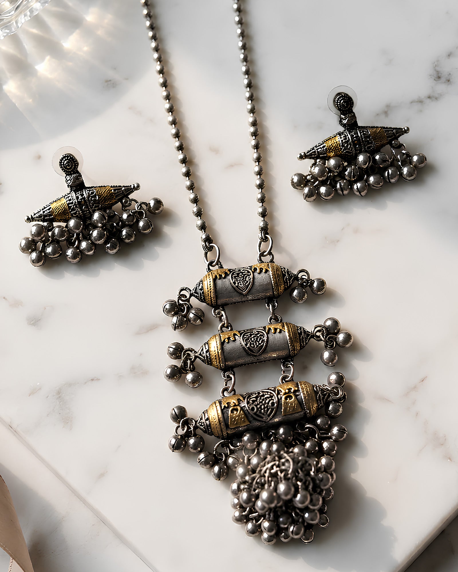 Dual-Tone Tiered Barrel Motif & Cluster Ghungroo Oxidized Necklace Set