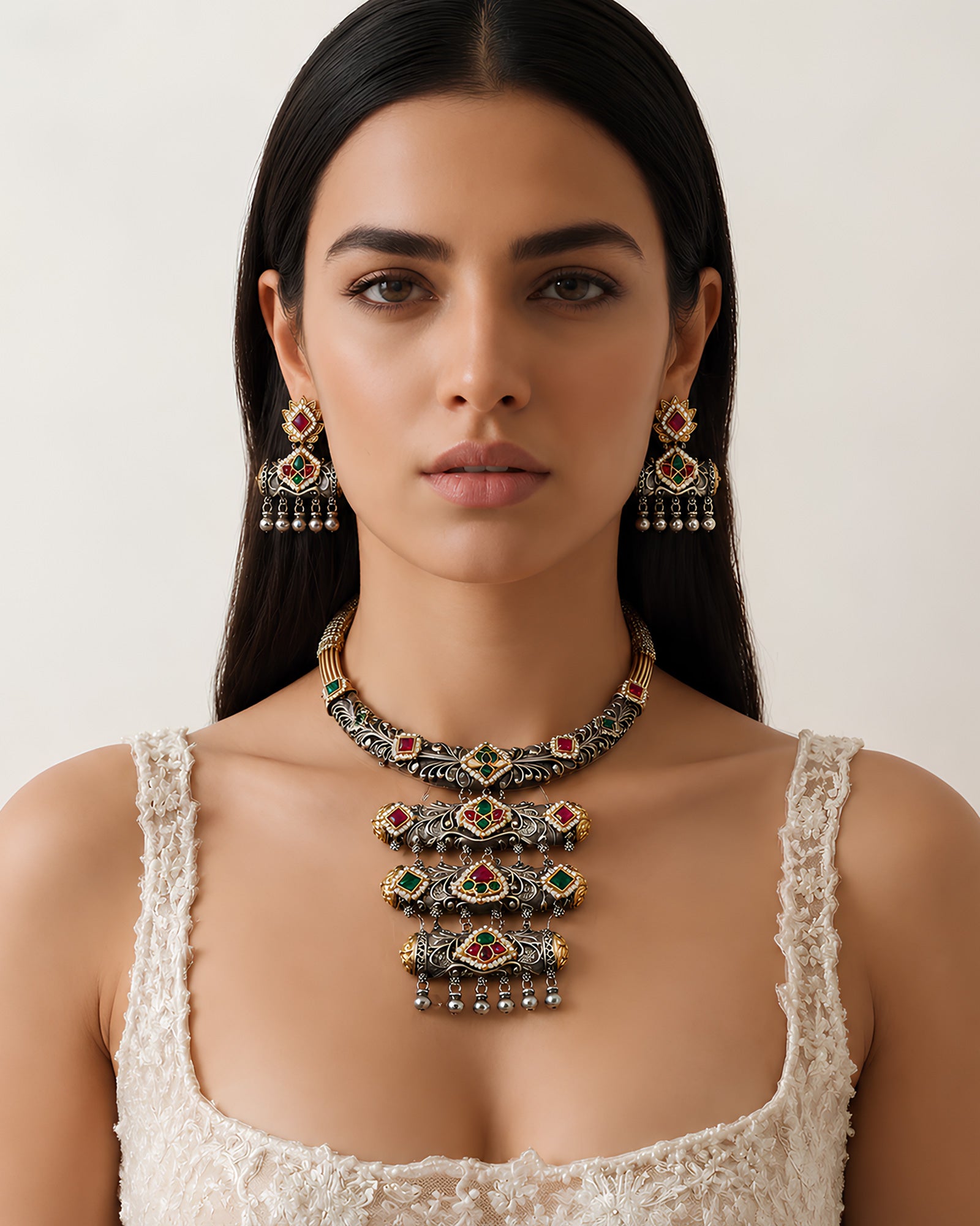 Dual-Tone Tiered Ornate Bar Oxidized Hasli Necklace